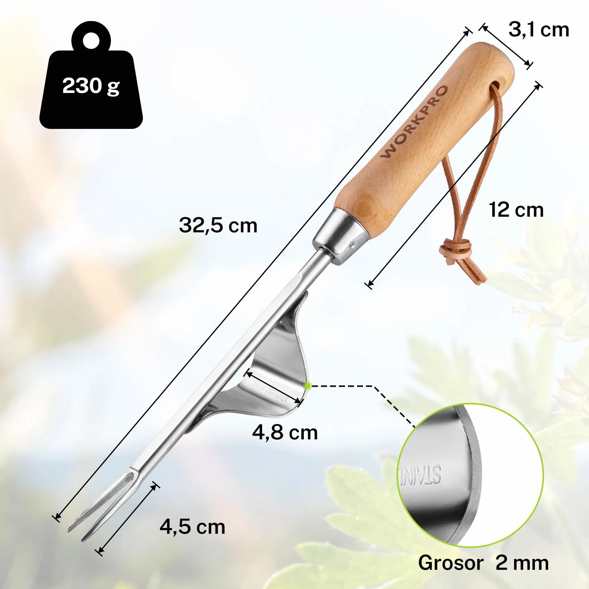 WORKPRO Desherbador Manual de Acero Inoxidable, Extractor de Malas Hierbas con Mango de Madera Ergonómico, Herramienta Quitahierbas para Jardín, para Quitar Dientes de León, Cardos y Otras Malezas