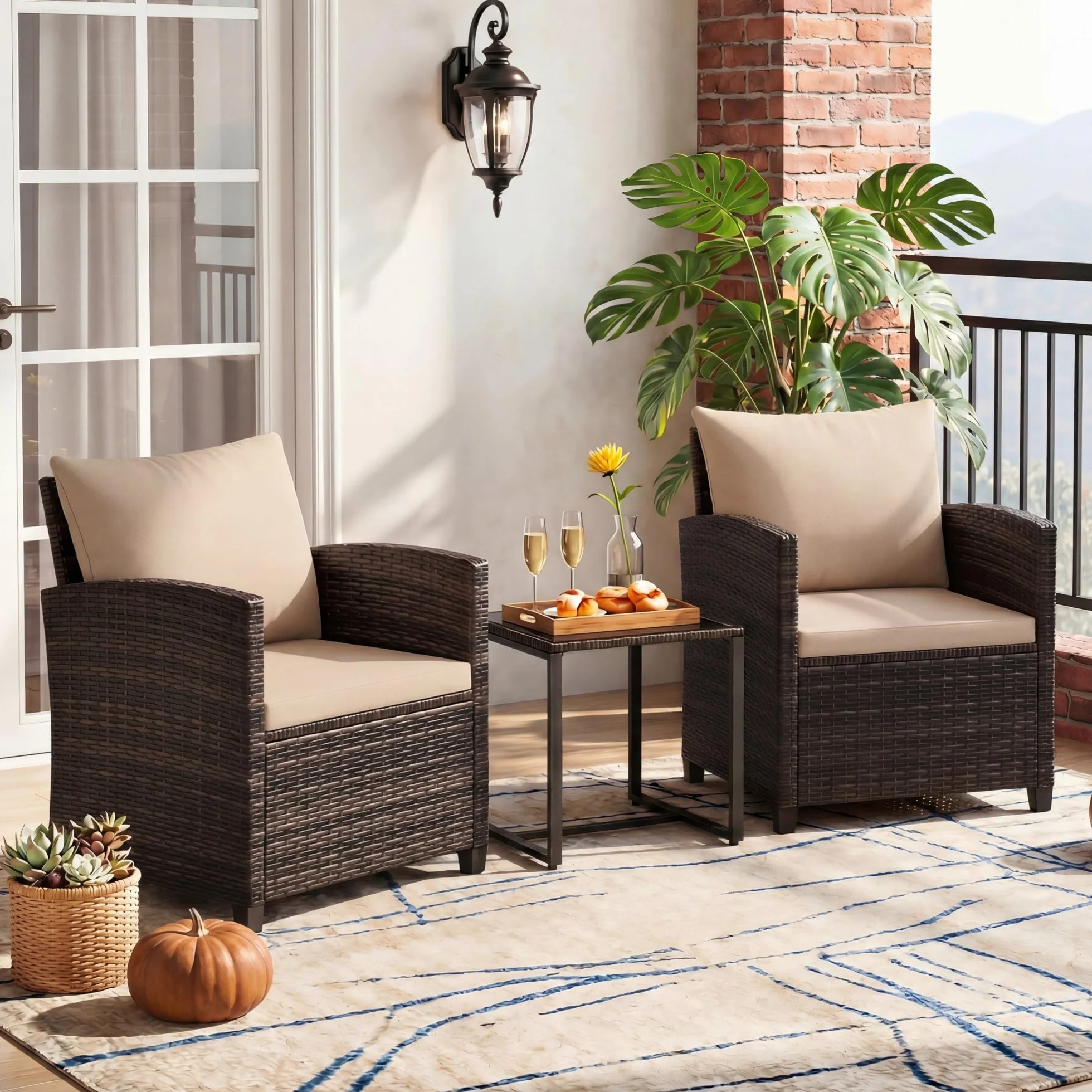 GIANTEX Juego de Muebles Jardín Exterior 3 Piezas, 2 Sillones con Cojines y 1 Mesa de Café de Vidrio, para 2 Personas, Conjunto de Conversación para Balcón, Terraza, Patio (Marrón+Café)