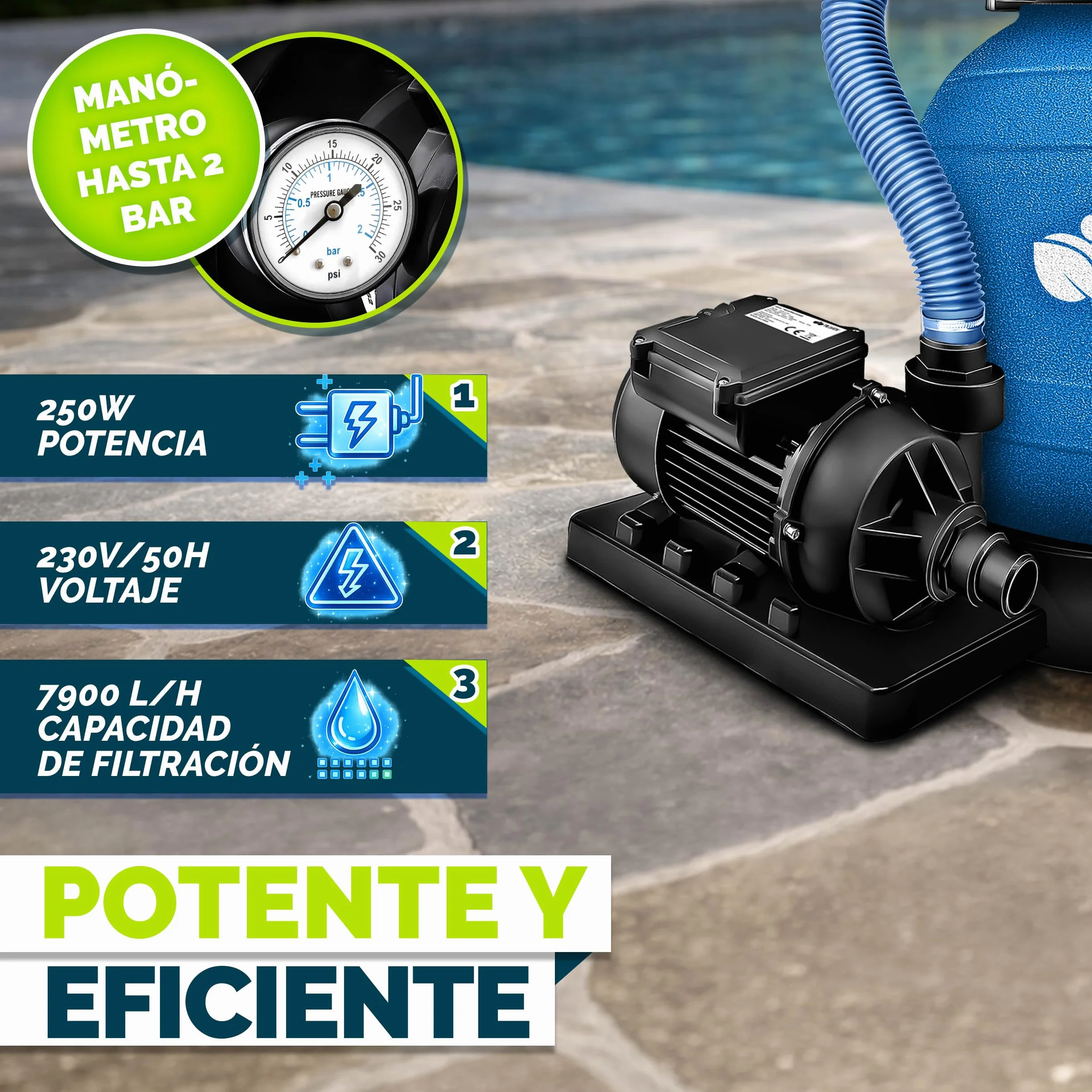 tillvex Depuradora de Agua para Piscina 7.900L/h + 400g Bolas de Filtro | 7 Funciones de Filtrado & Adaptador Ø32-38mm | Filtro de piscina con indicador de presión (Azul)