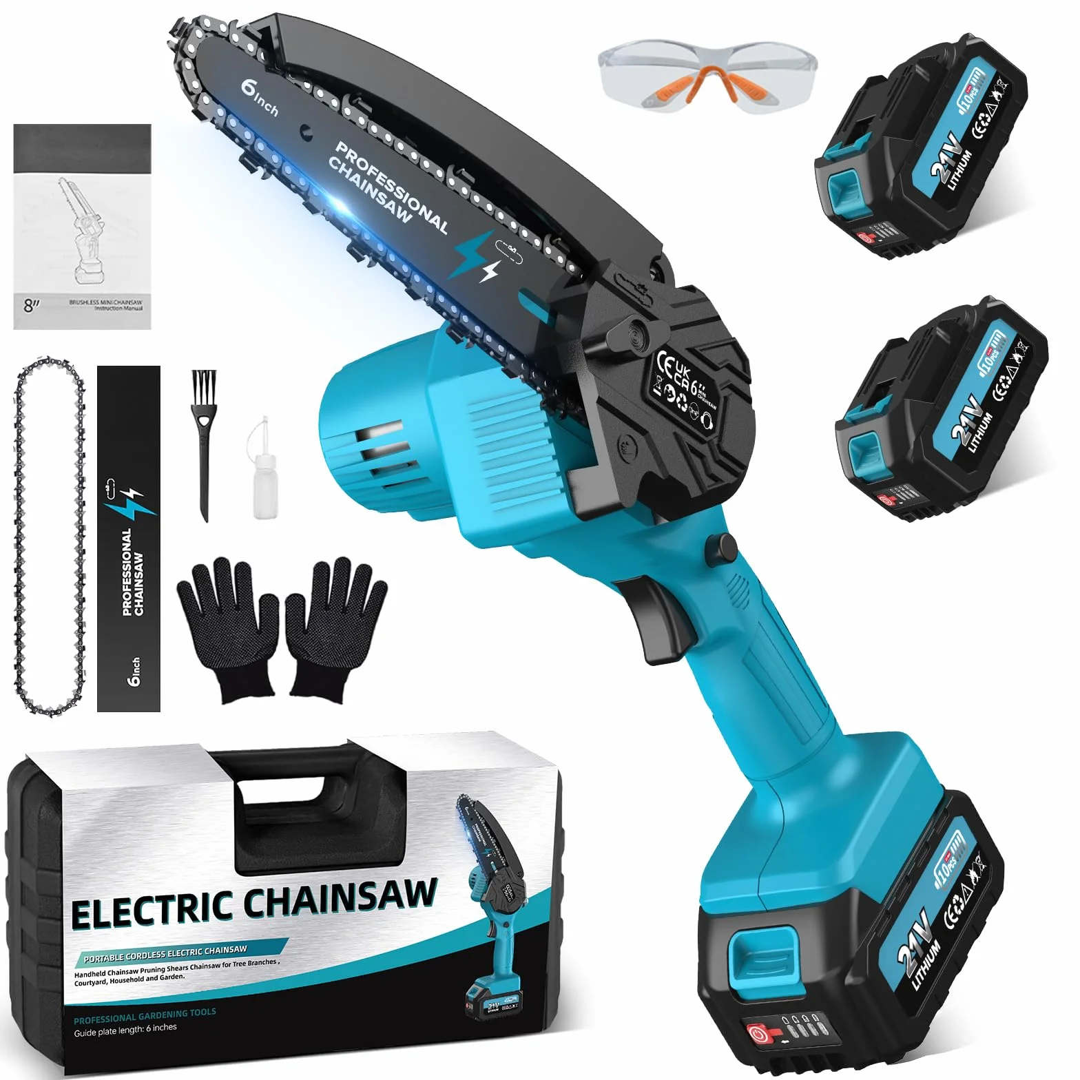 Mini Motosierra Bateria 6 Pulgadas, Motosierra Eléctrica con 2x4000mAh Bateria, Sierra Electrica con Cadena Reemplazable, Depósito Para El Aceite, para Podar Arboles Jardinería DIY