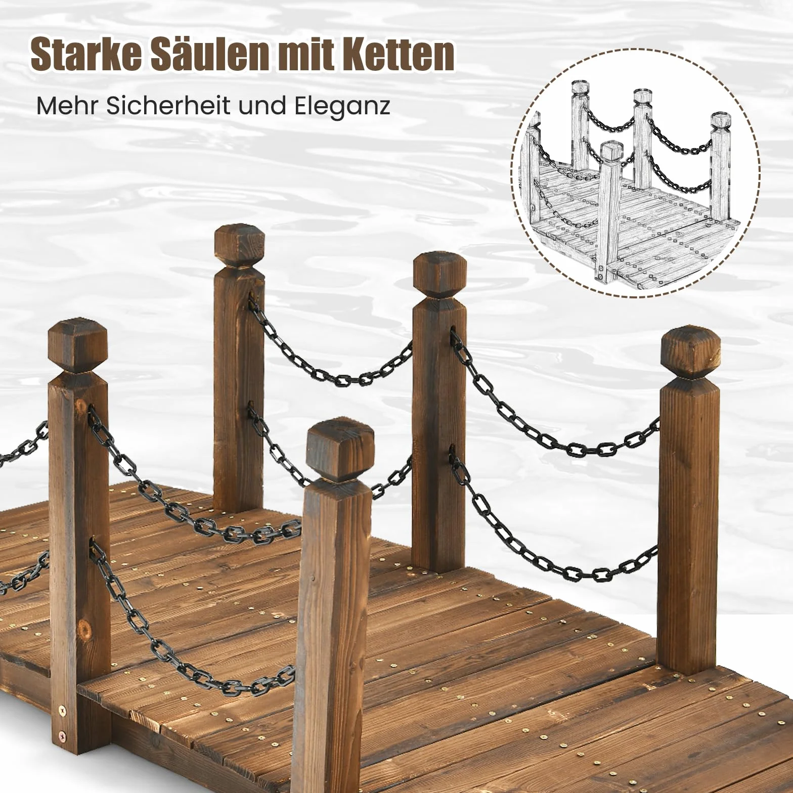GOPLUS Puente de madera de abeto, 150 x 67 cm x 55 cm, puente para estanque soporta hasta 180 kg, puente de jardín con barandillas y cadenas, puente para jardín, parque, patio trasero