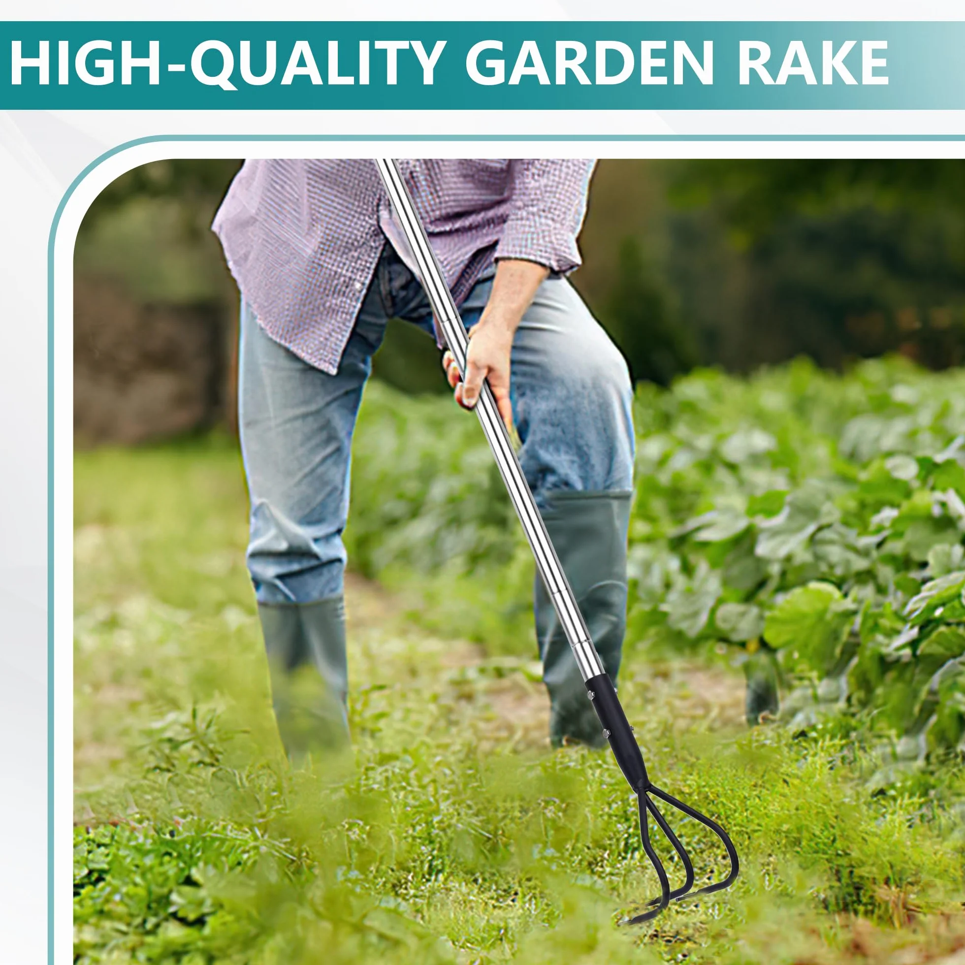 BARAYSTUS Cultivador manual robusto de 145 cm, acero al carbono, longitud ajustable, herramientas de jardín, cultivador de 3 dientes para jardín, aflojamiento del suelo