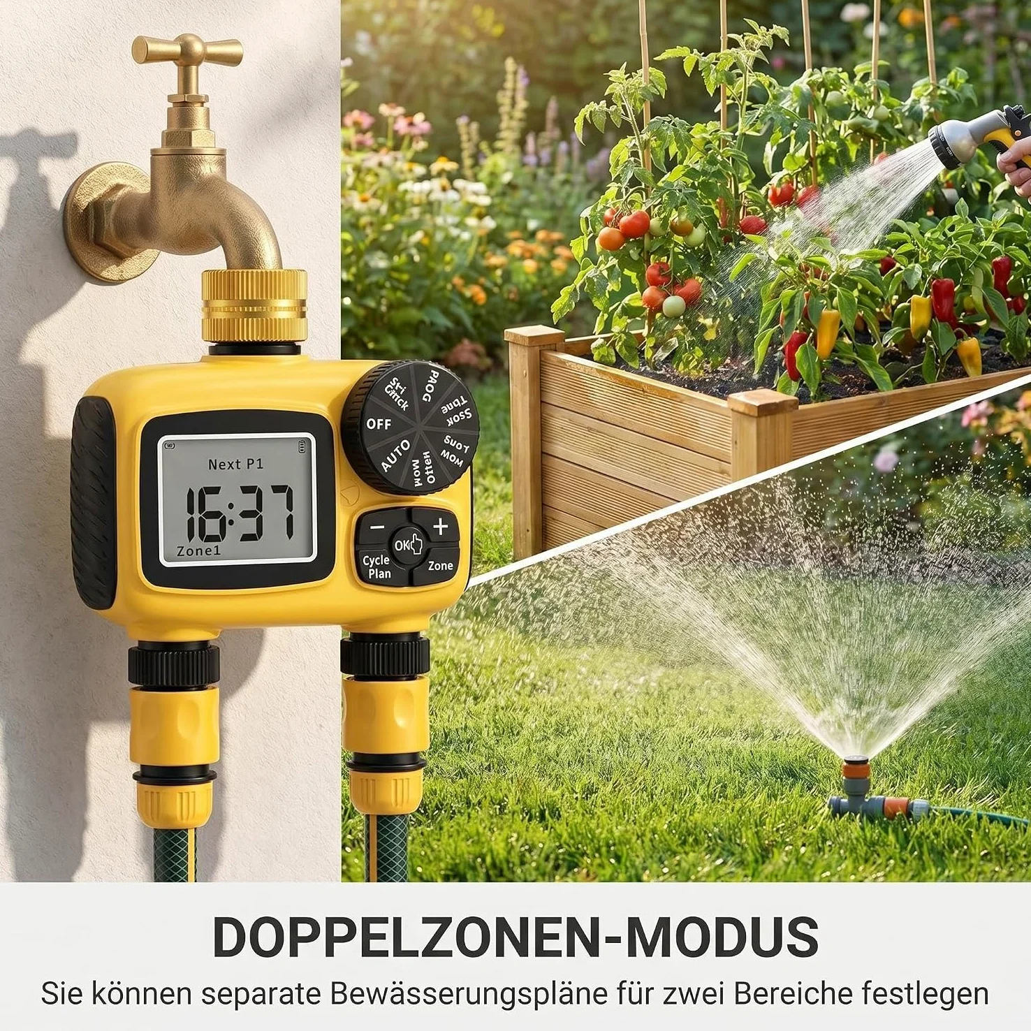 MQUPIN Ordenador de riego, 2 salidas, conexiones de latón | Temporizador de agua LCD con retardo de lluvia, protección para niños, IP55, doble zona, para jardín, césped, huertos