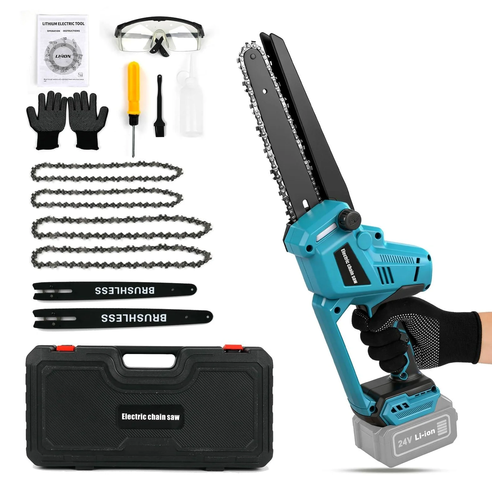 Motosierra Inalámbrica 8 y 10 Pulgadas para Makita 18V (sin Batería) | Mini Motosierra sin Escobillas, Lubricación Automática de Cadena, 2 Placas, 4 Cadenas, Guantes, Gafas y Maletín