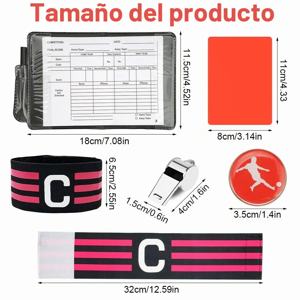 Kit de Tarjetas Árbitro Fútbol, Tarjetas Rojas y Amarillas, Silbato de Metal, Libro de Puntuaciones, Brazaletes de Capitán