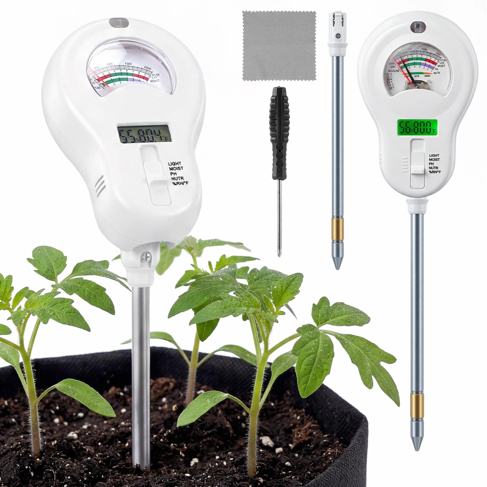 Medidor de Humedad del Suelo 6 en 1 Medidor de pH de Suelo Preciso Fertilidad/PH/Humedad/Temperatura/Humedad Ambiental/Luz Probador de Suelo con Problema Extraíble para Plantas Interior Exterior