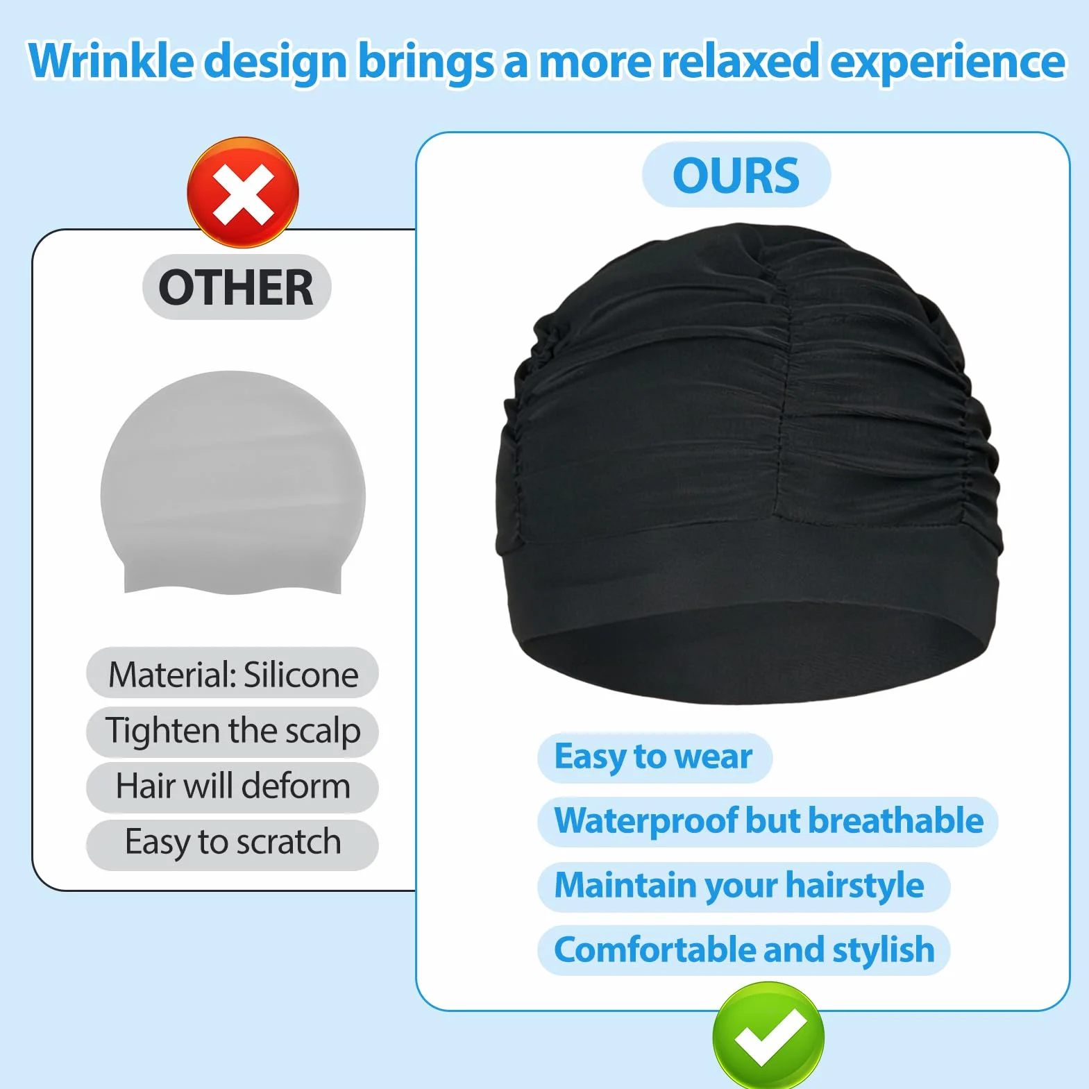 Gorros Piscina Mujer 3 Piezas 25x15mm de Tela Elástica Poliéster, Cómodo Gorro Natación Adulto para Cabello Largo, Playa, Deportes, Proteger Sol Negro