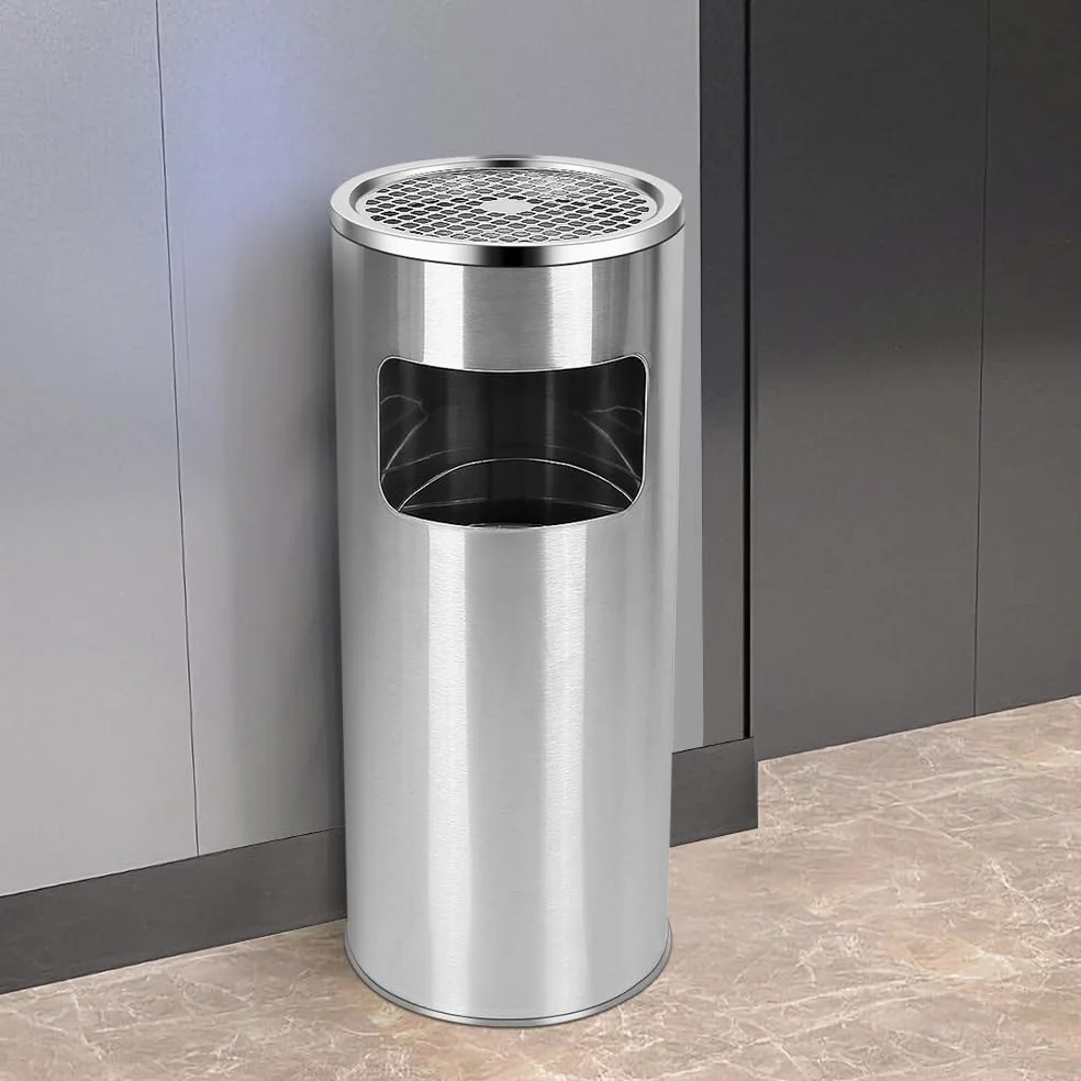Cenicero de pie 2 en 1 de acero inoxidable con cubo de basura, 30 litros, cubo interior extraíble, cenicero de pie para exterior, cenicero para entrada, hotel (plata + negro, 30 L, 2 unidades)