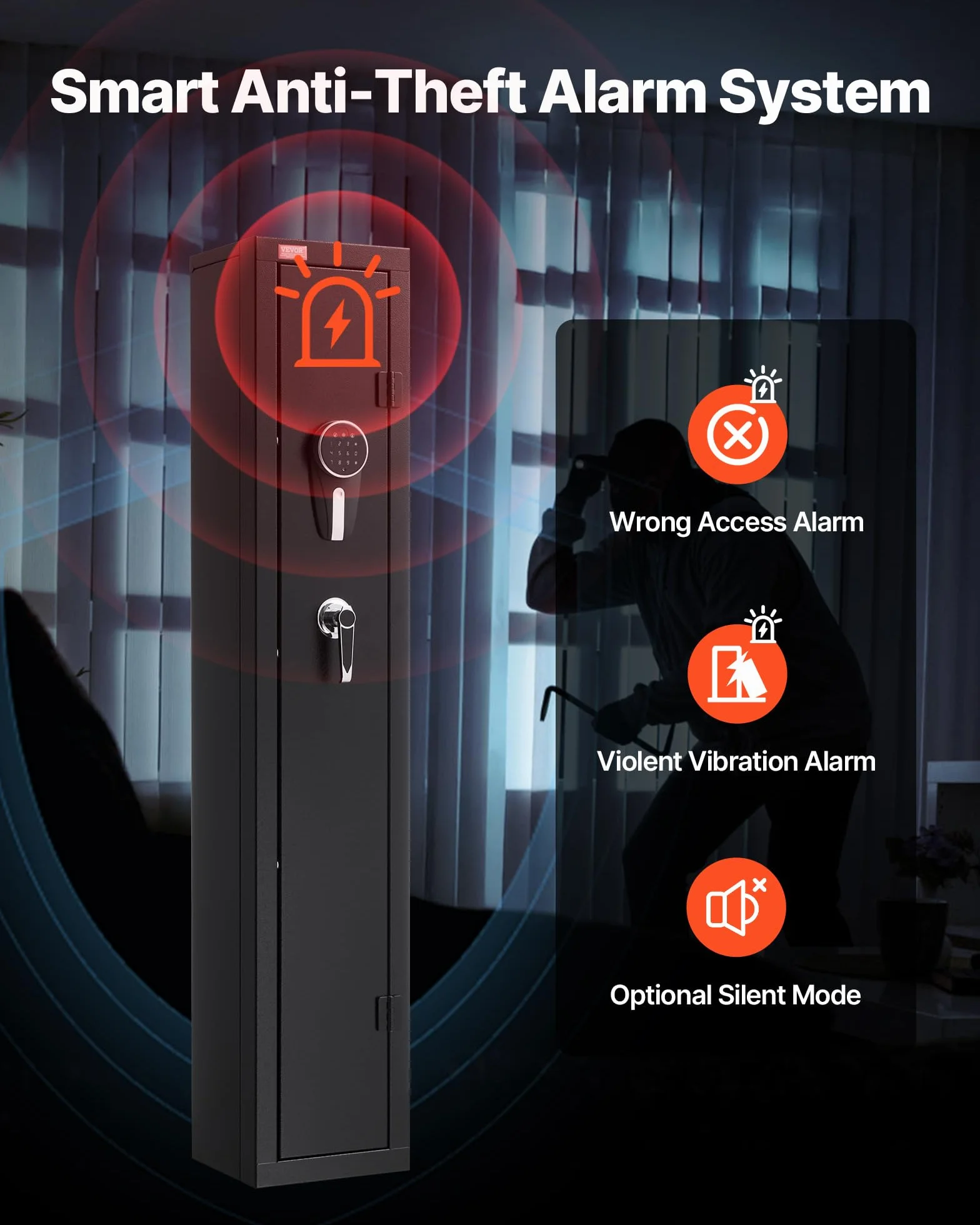 VEVOR Armario para Armas Largas, Caja Fuerte para Rifles con Teclado Digital y Llave, Iluminación LED, Soportes Ajustables, 250 x 220 x 1335 mm