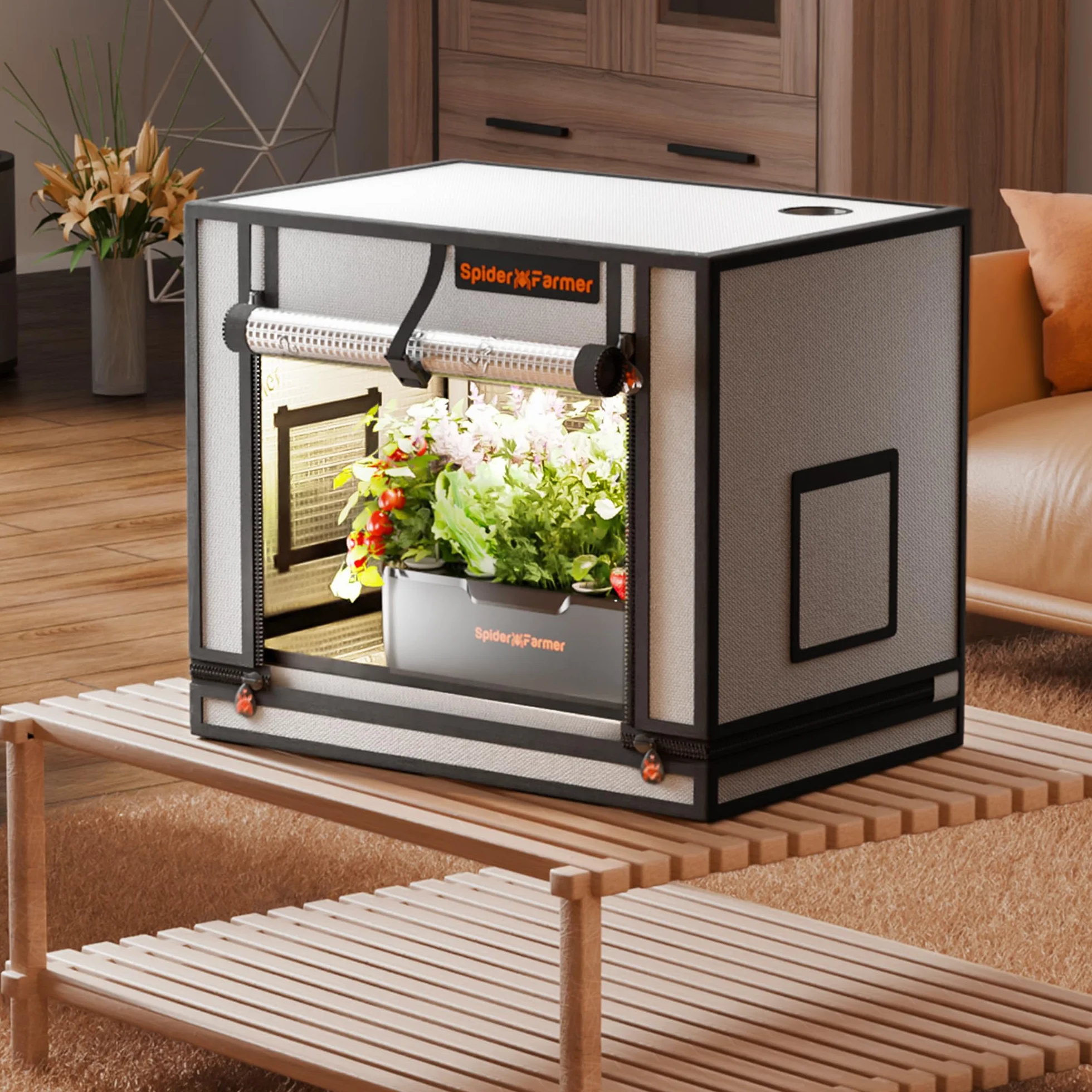 Spider Farmer Tienda de campaña para aerogarden, sistema hidropónico 24x16x20, puerta enrollable, bandeja de piso extraíble, lona Mylar gruesa 2000D