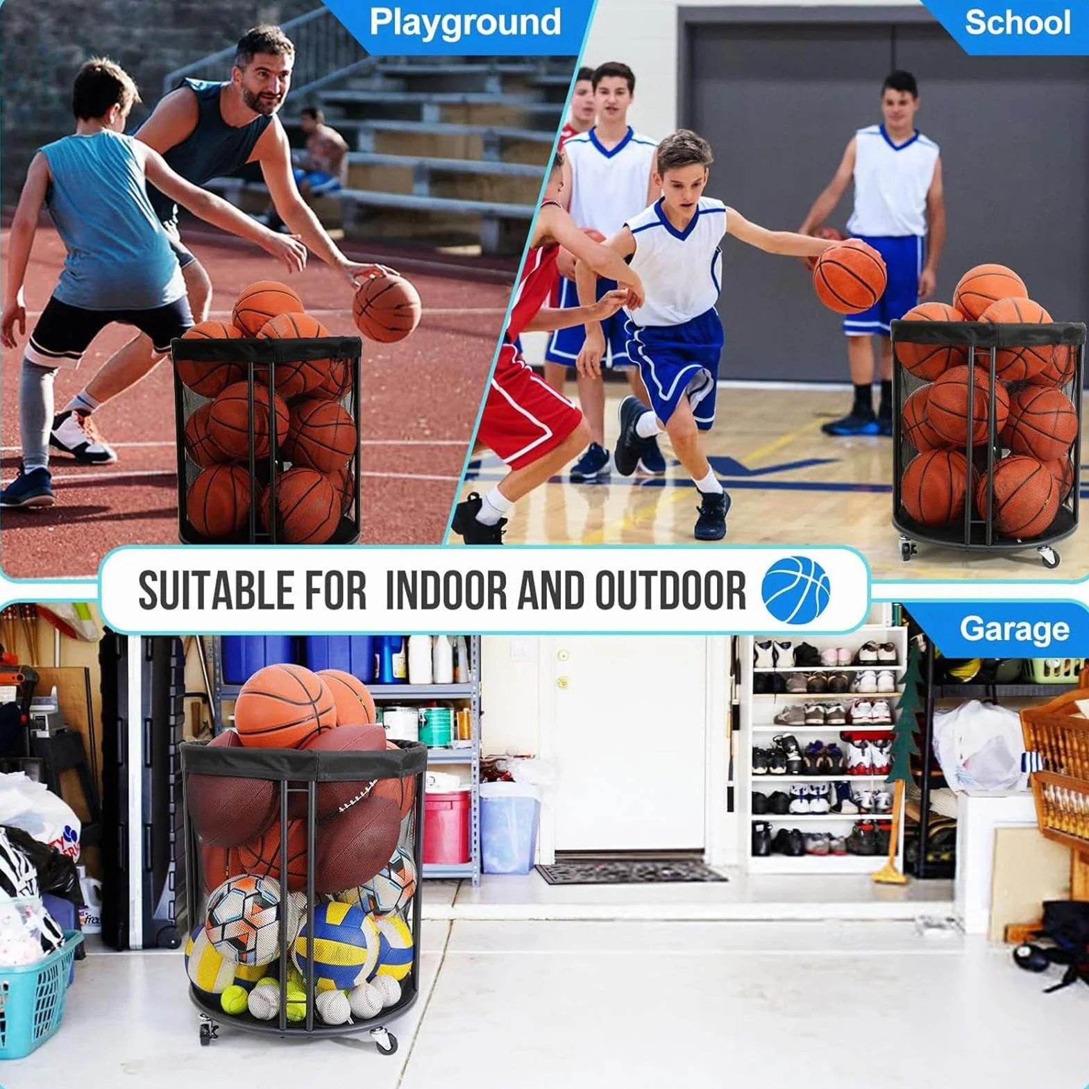 Organizador de Pelotas Caja Contenedor Portátil Red de Almacenamiento para Garaje Exterior Jardín Deportes