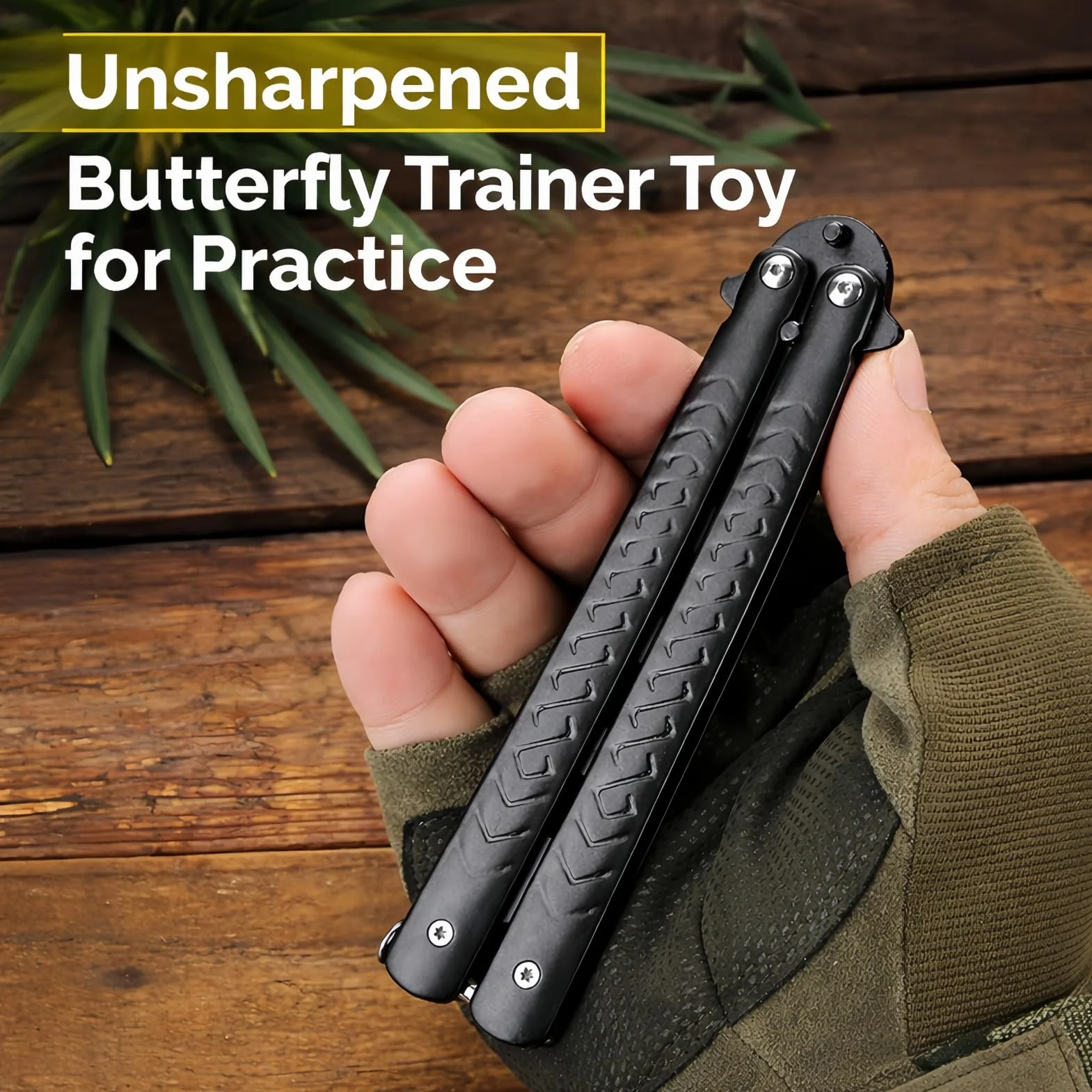 Balisong Trainer Cuchillo Mariposa de Entrenamiento, Acero Inoxidable, Hoja Roma sin Filo, Seguro (Negro+Color)