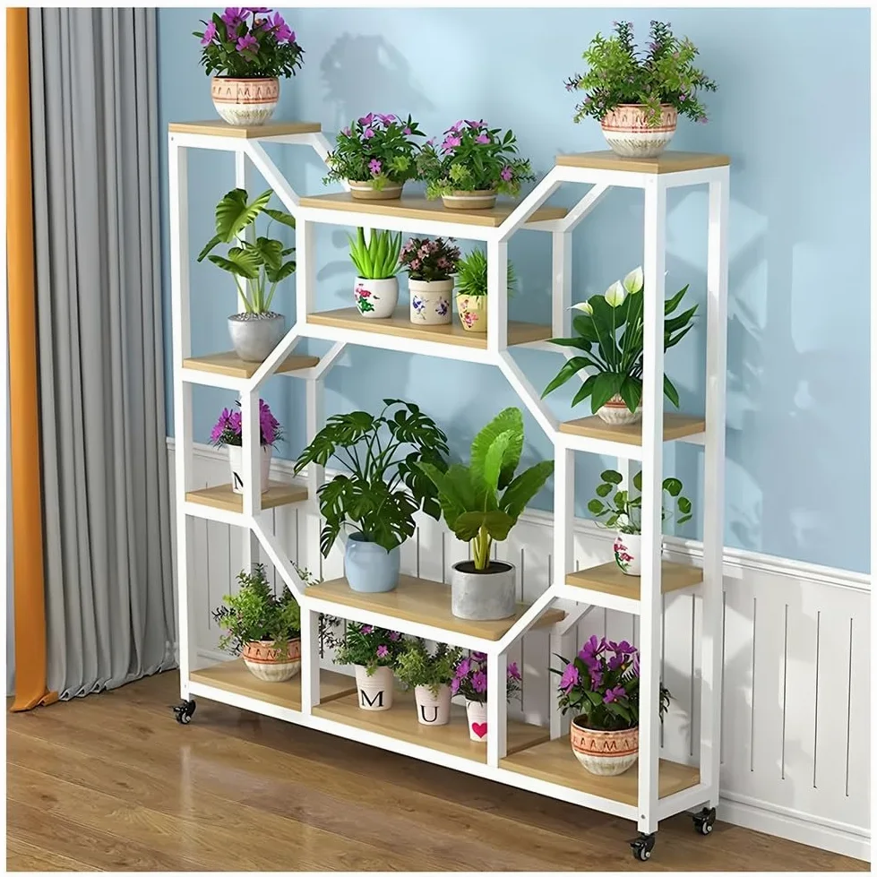 Soporte alto de metal para plantas con ruedas, estante rodante de 4 niveles, estante de exhibición de plantas para interiores y exteriores para balcón y sala de estar