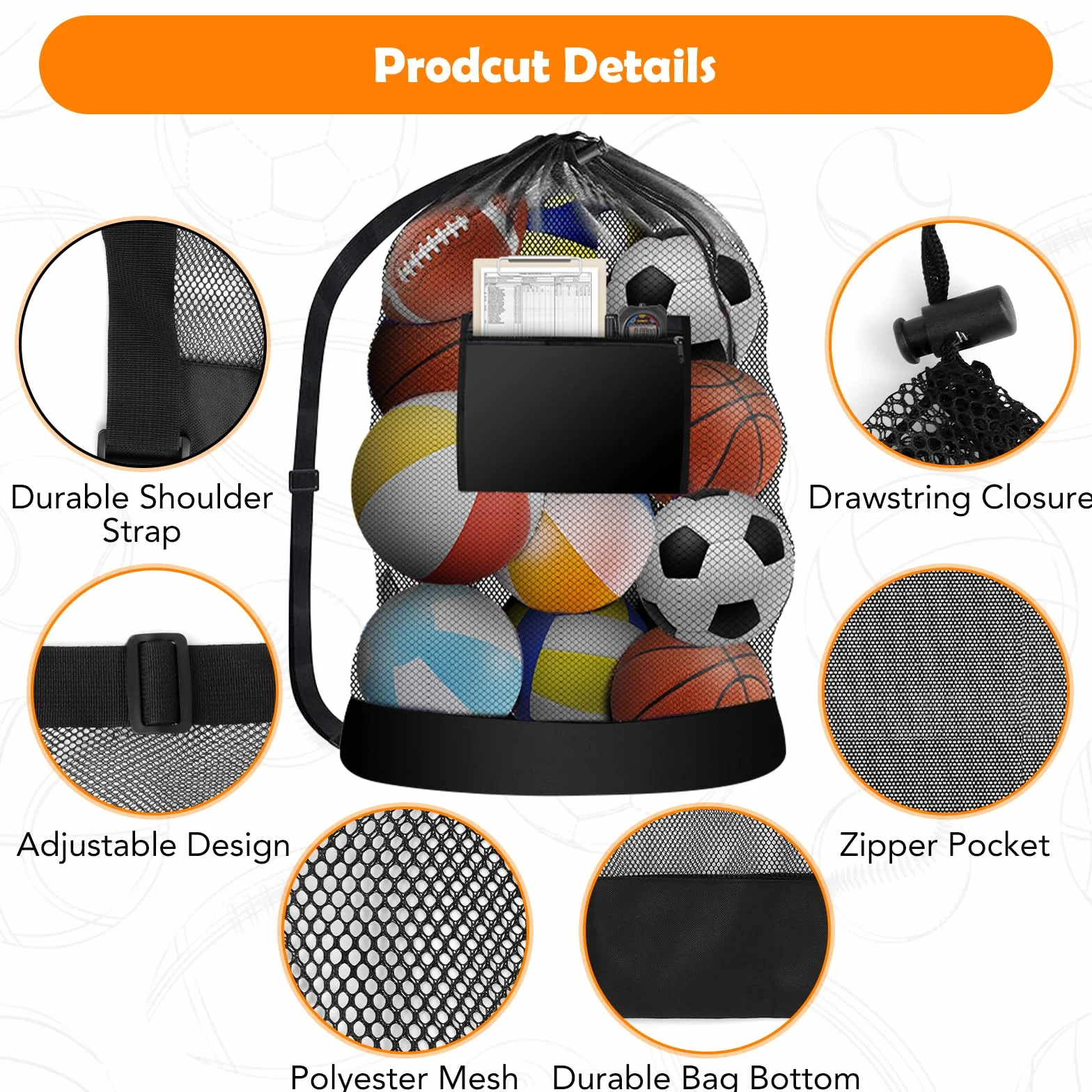 Bolsa de Malla Extra Grande para Balones de Fútbol, Voleibol, Baloncesto, Rugby, 76x100cm