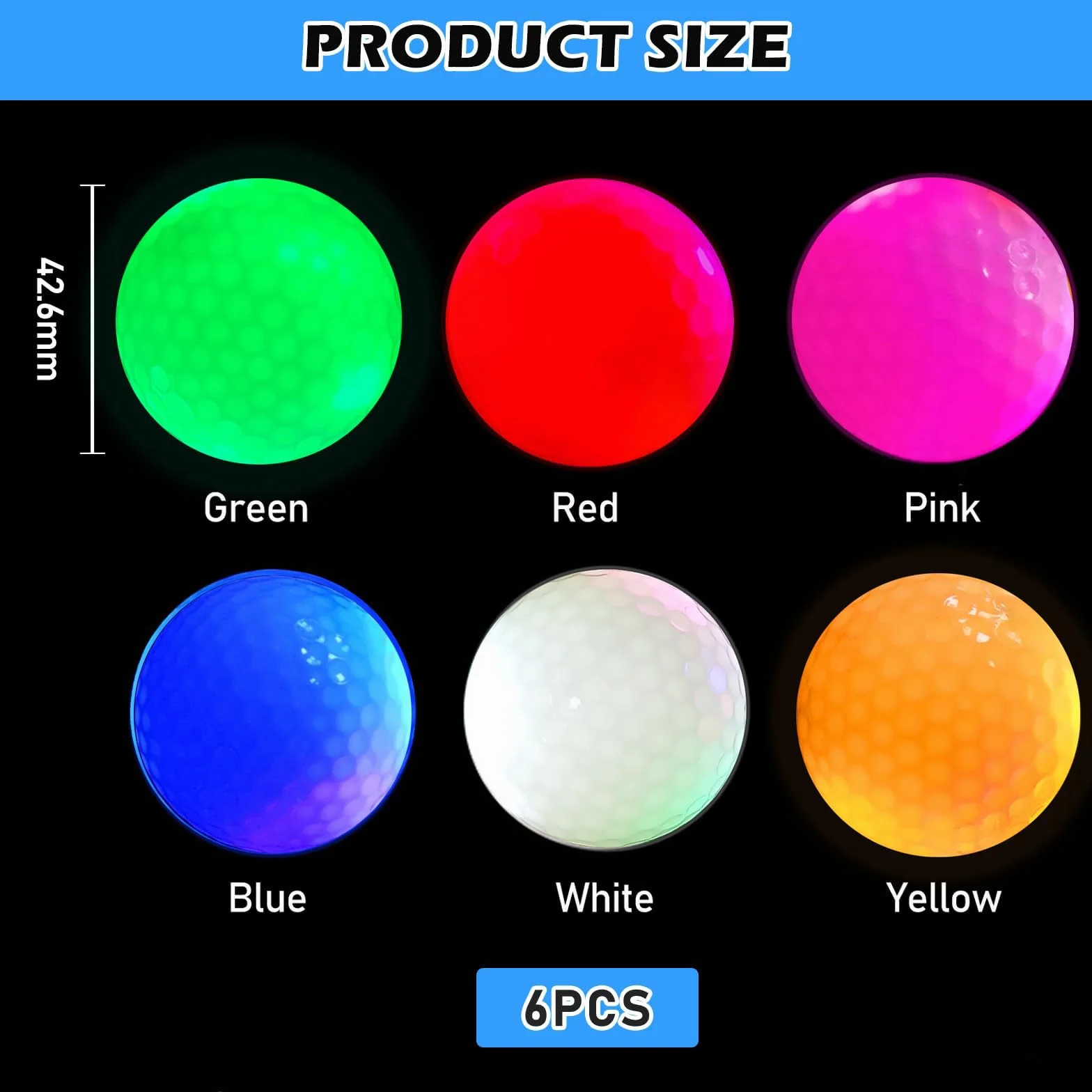 PORFOYO 6 pelotas de golf luminosas nocturnas reutilizables entrenamiento larga distancia rojo amarillo verde azul blanco rosa