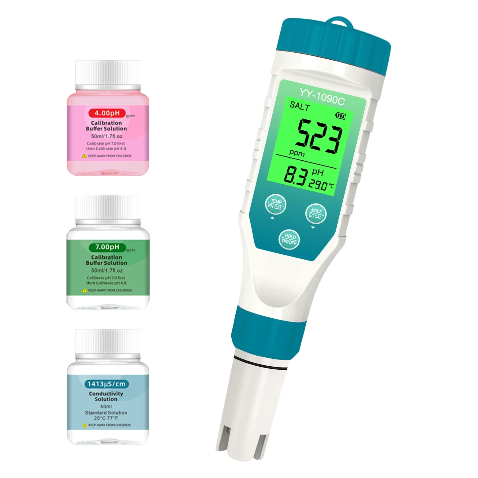 Medidor de pH para hidroponía y medidor de sal de spa - Medidor de pH, salinidad, TDS, EC y temperatura 5 en 1 con calibración de 12,88 mS/cm - Monitor de calidad del agua de piscina de agua salada