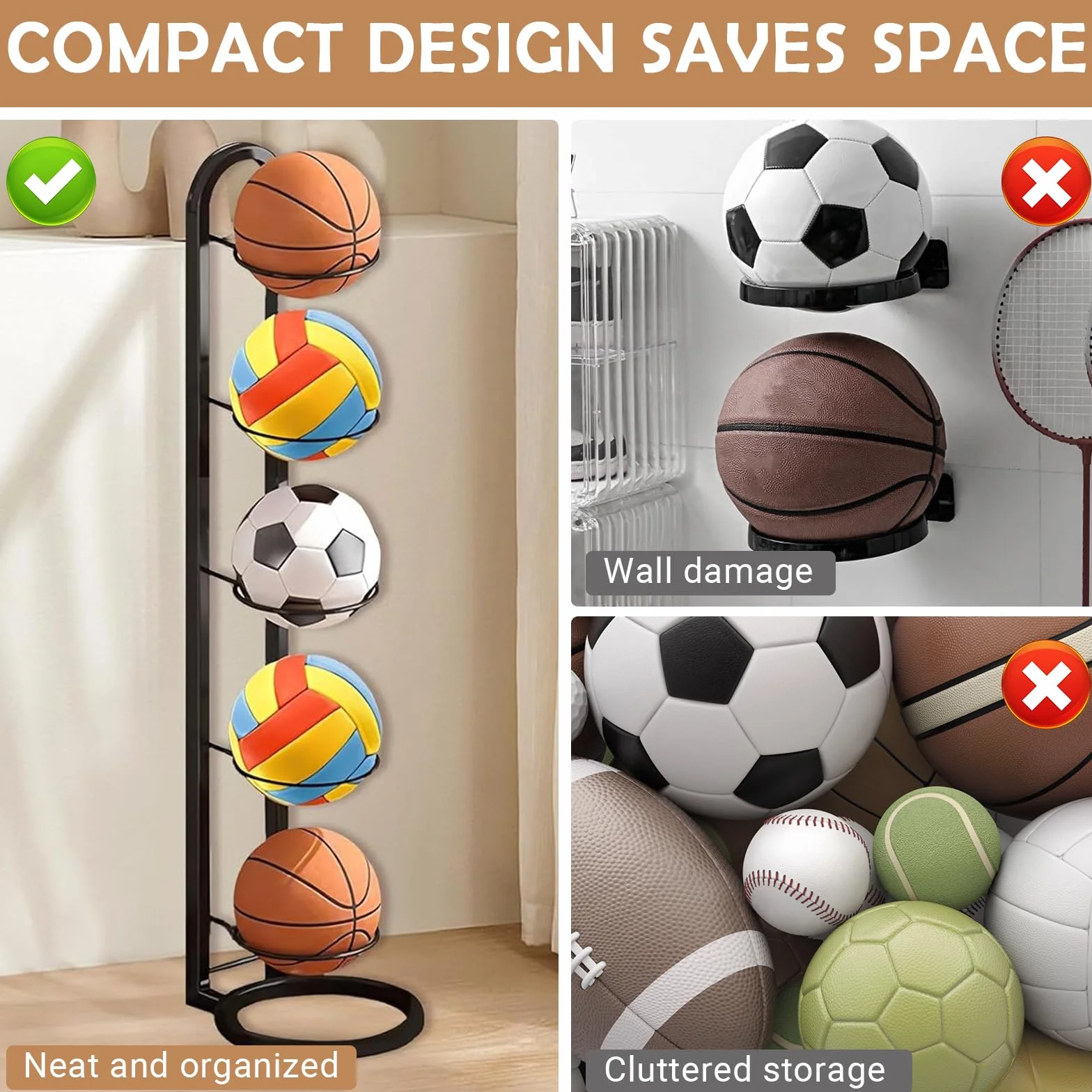 Estante Vertical de Metal 5 Niveles, Soporte Extraíble Compacto para Almacenaje de Pelotas Baloncesto Fútbol Voleibol