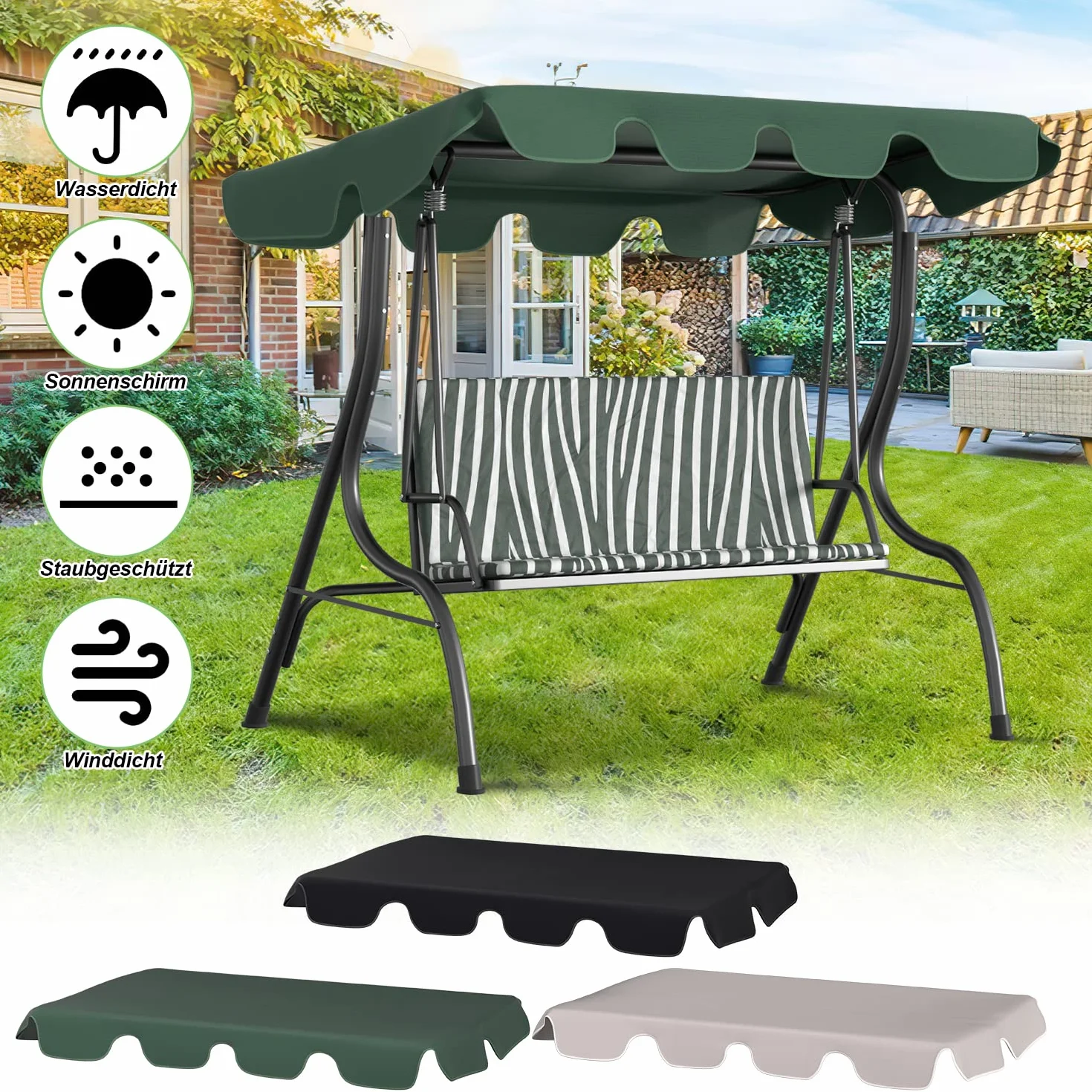 Gimisgu Techo de repuesto para columpios de Hollywood, techo de repuesto universal, 210 x 145 cm, toldo para 3 plazas, resistente al agua y protección UV para columpio de jardín, color verde