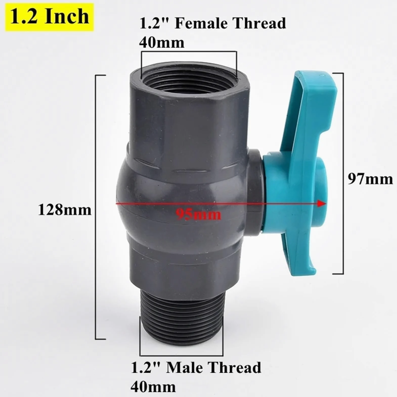 Válvula de bola gris con rosca hembra-macho for riego jardín, válvula control agua 1/2" a 2", adaptador PVC for acuario(40mm-1.2 Inch)