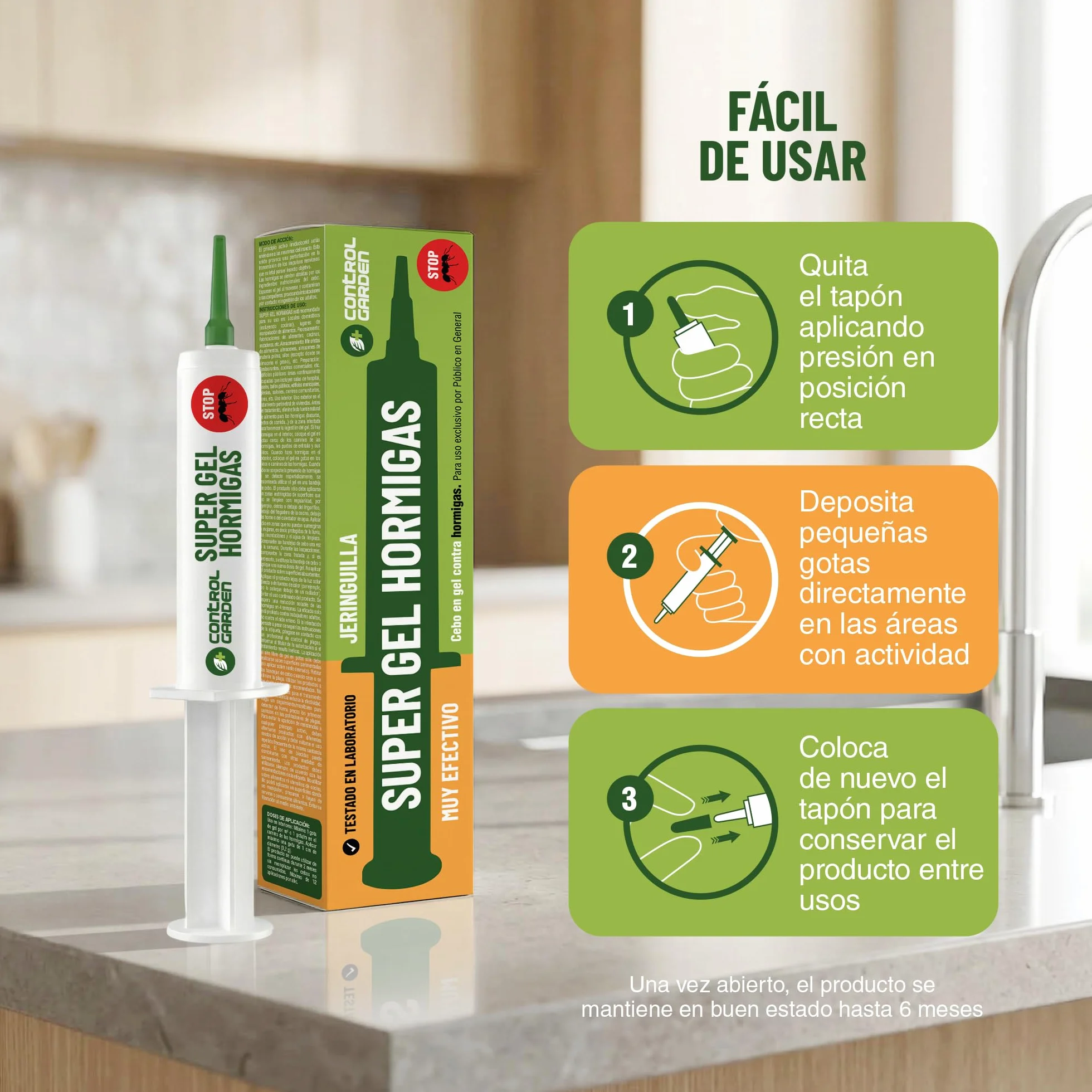 CONTROL GARDEN x3 Gel Antihormigas Jeringa 10gr | Cebo Insecticida Jeringuilla Elimina Hormigas Interior y Exterior | Eliminación Total Hormiguero | Mata Hormiga Reina y Nido | Formula Eficaz y Seguro