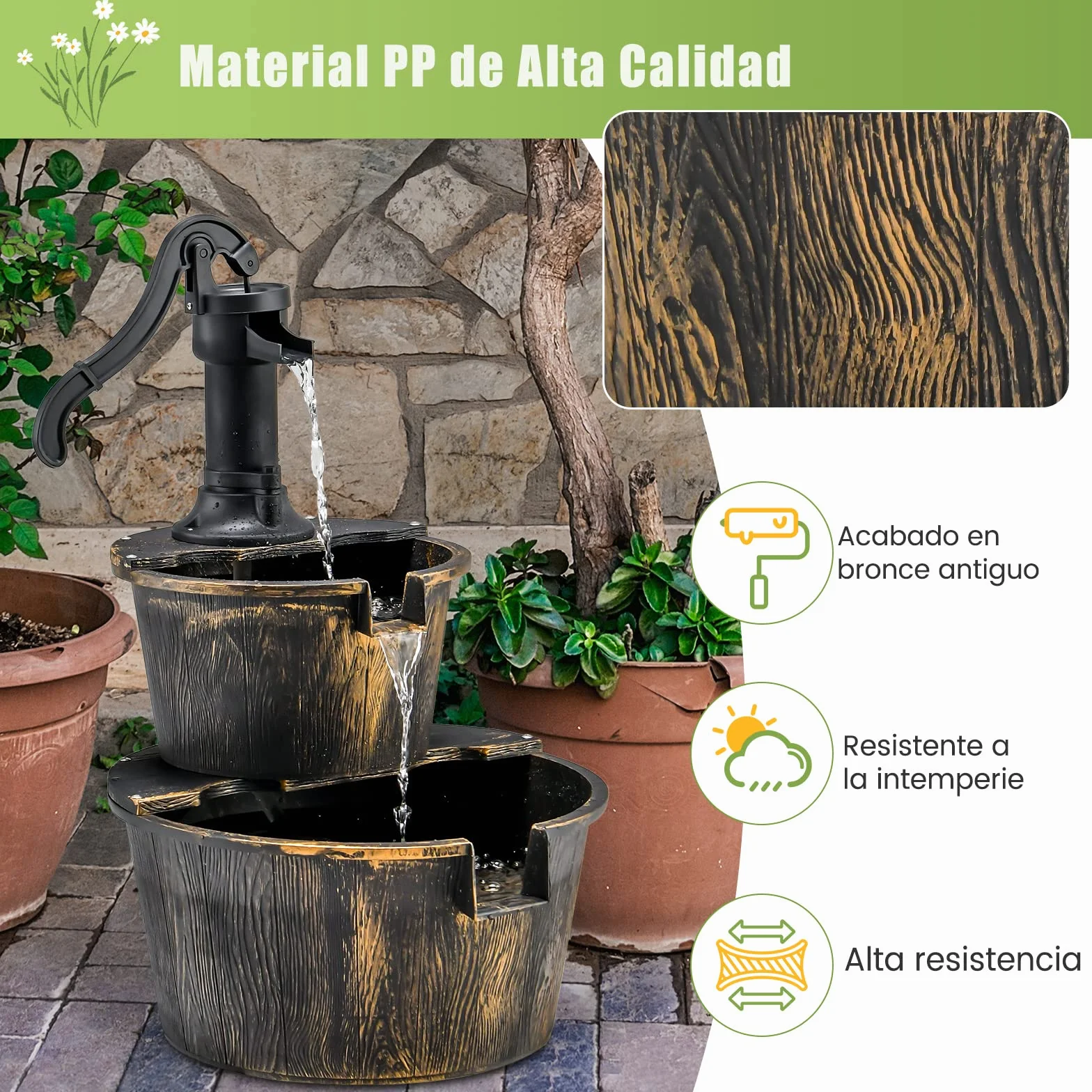COSTWAY Fuente de Cascada de Barril al Aire Libre de 2 Niveles, Rústica con Bomba Ajustable, 68 cm para Jardín, Patio, Decoración