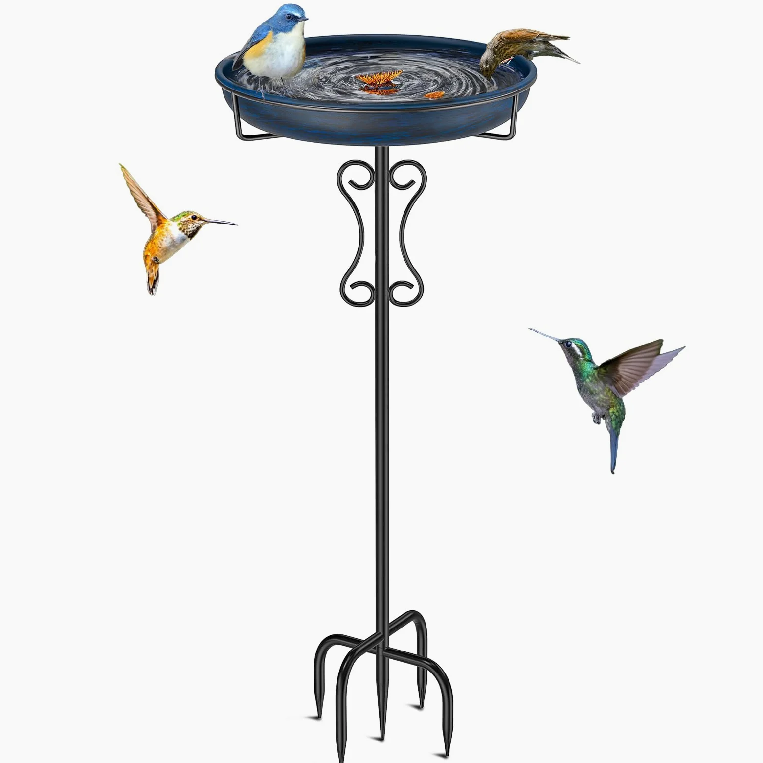 Baño de metal para pájaros para exteriores, base mejorada de 5 puntas y cuenco de comedero, comedero de pájaros independiente vintage para jardín, patio, decoración de césped (azul vintage)