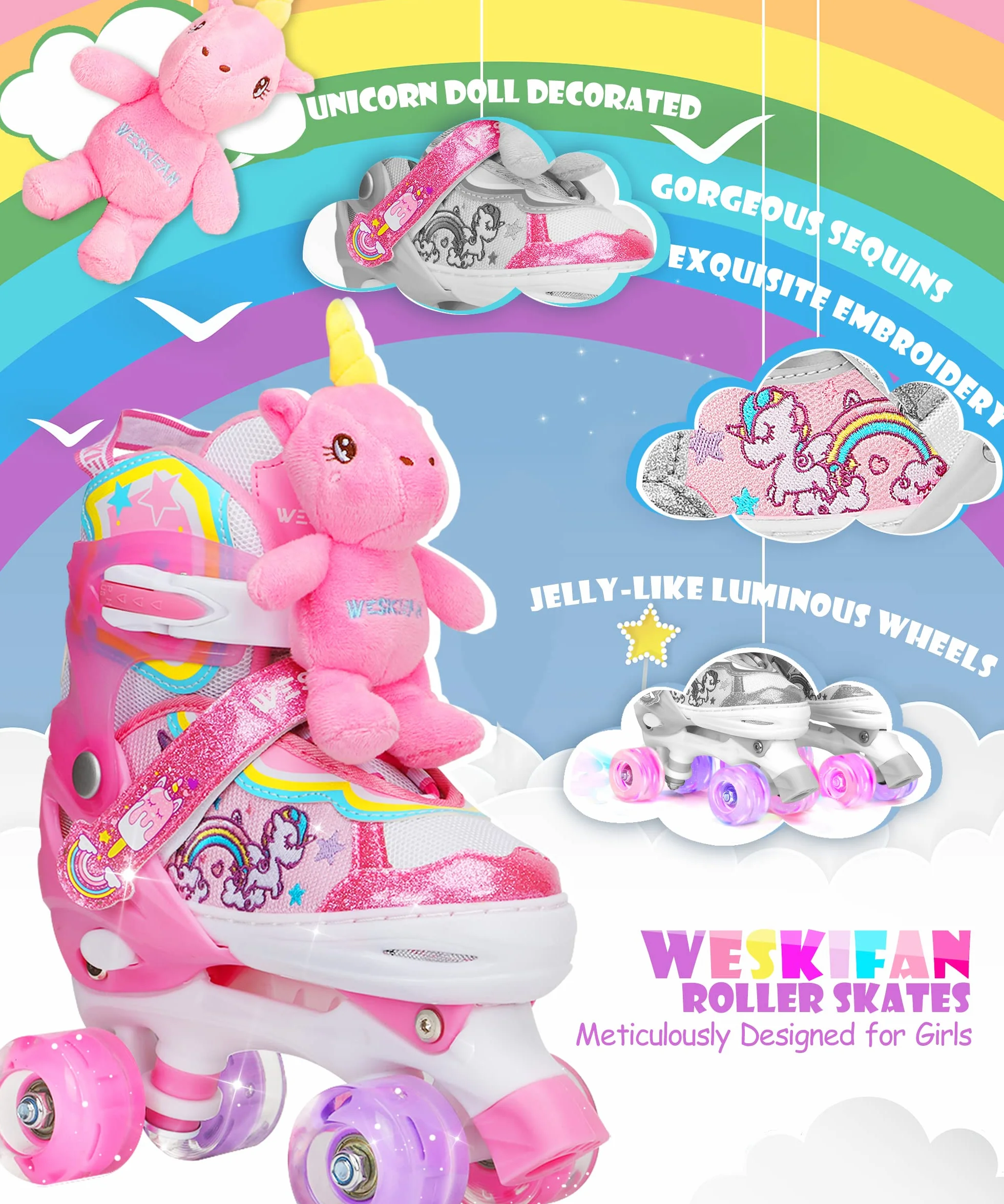 Patines Unicornio Ajustables 4 Tamaños con Ruedas Iluminadas para Niñas Principiantes