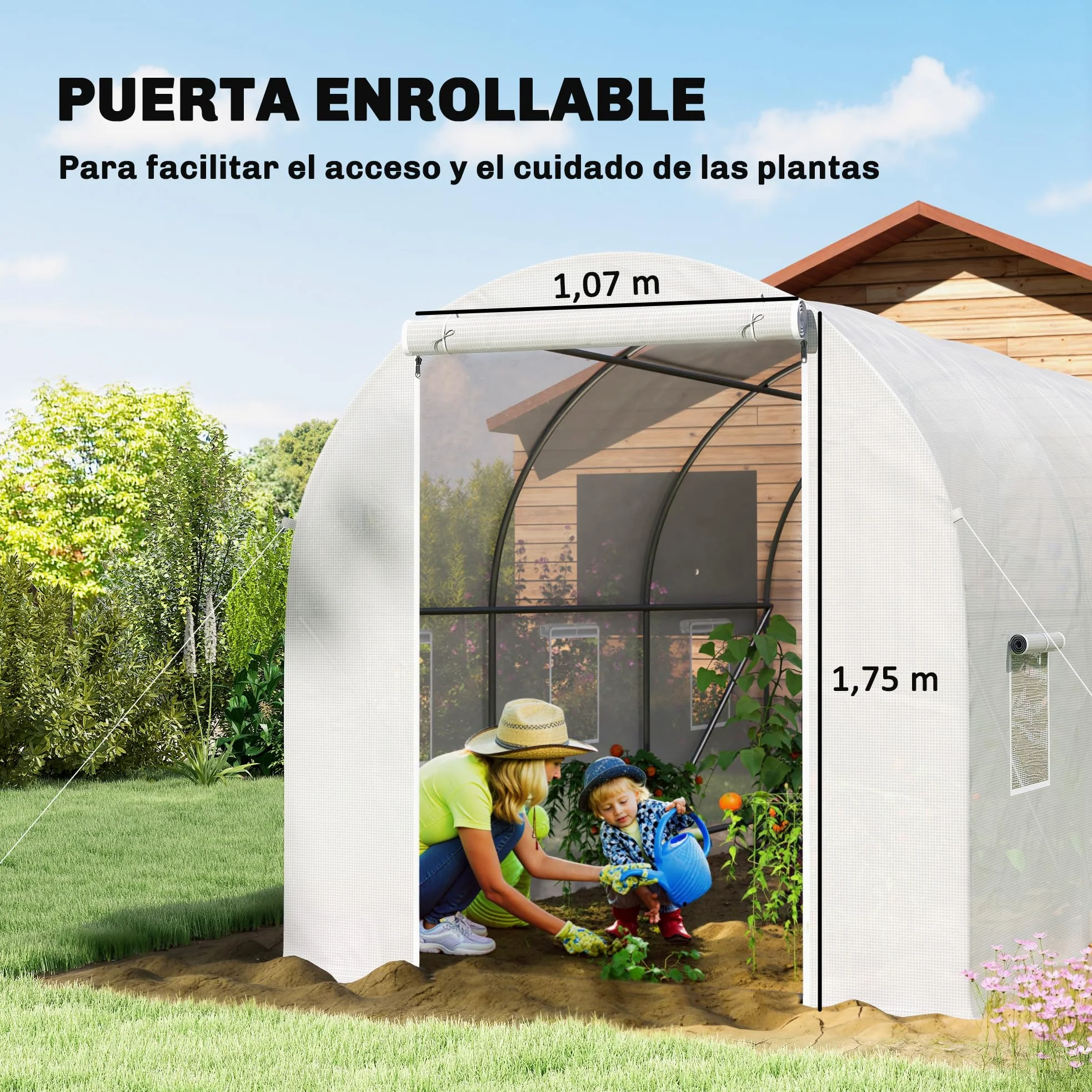 Outsunny Invernadero de Exterior 3,5x2x2 m Túnel con 6 Ventanas de Malla Puerta Enrollable Cremallera Anti-UV Blanco