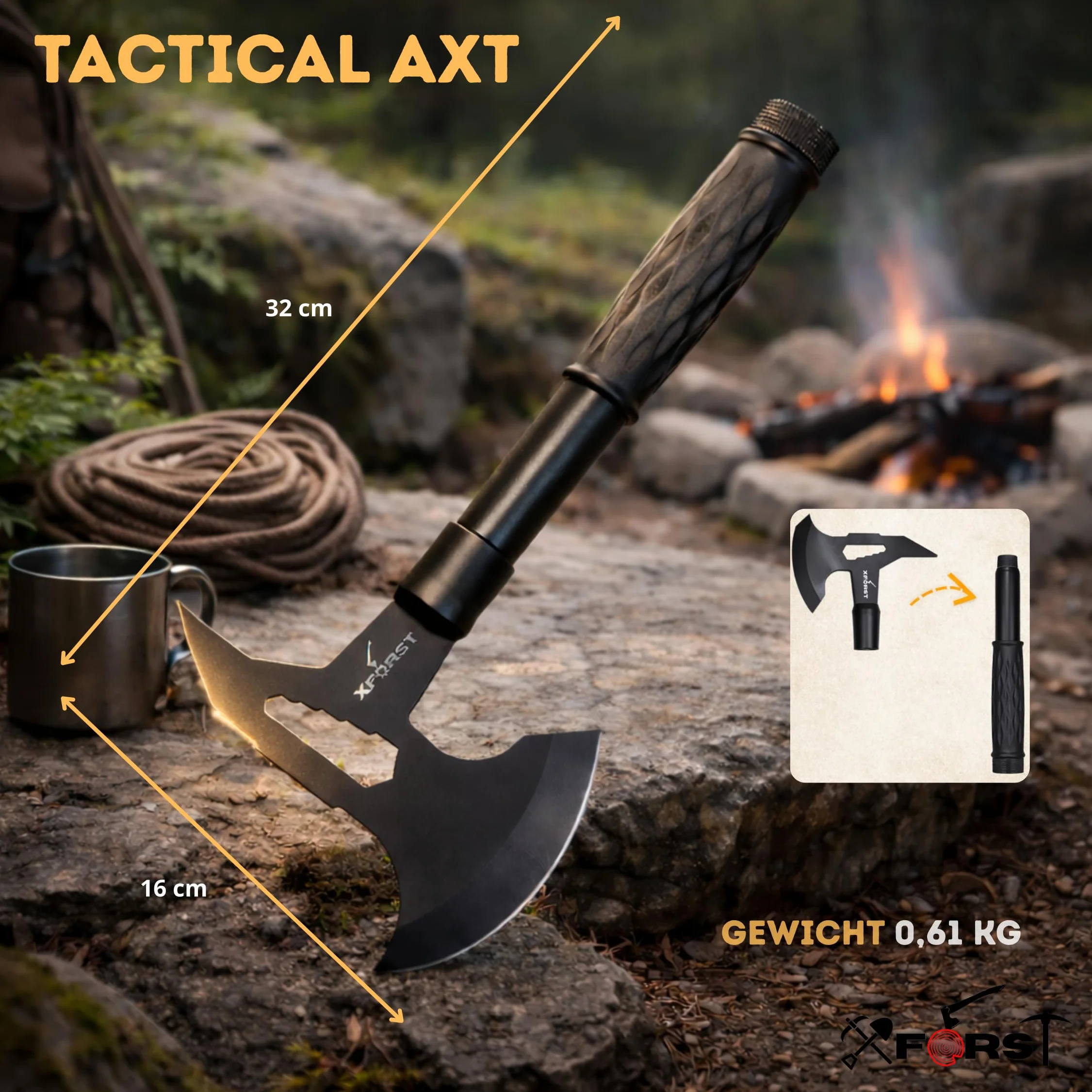 Xforst Hacha de Supervivencia Compacta para Camping, Bushcraft y Exterior, Hoja de Acero al Carbono, Mango Antideslizante con Compartimento, Funda Protectora Incluida, 32 cm y 615 g, X-TM1