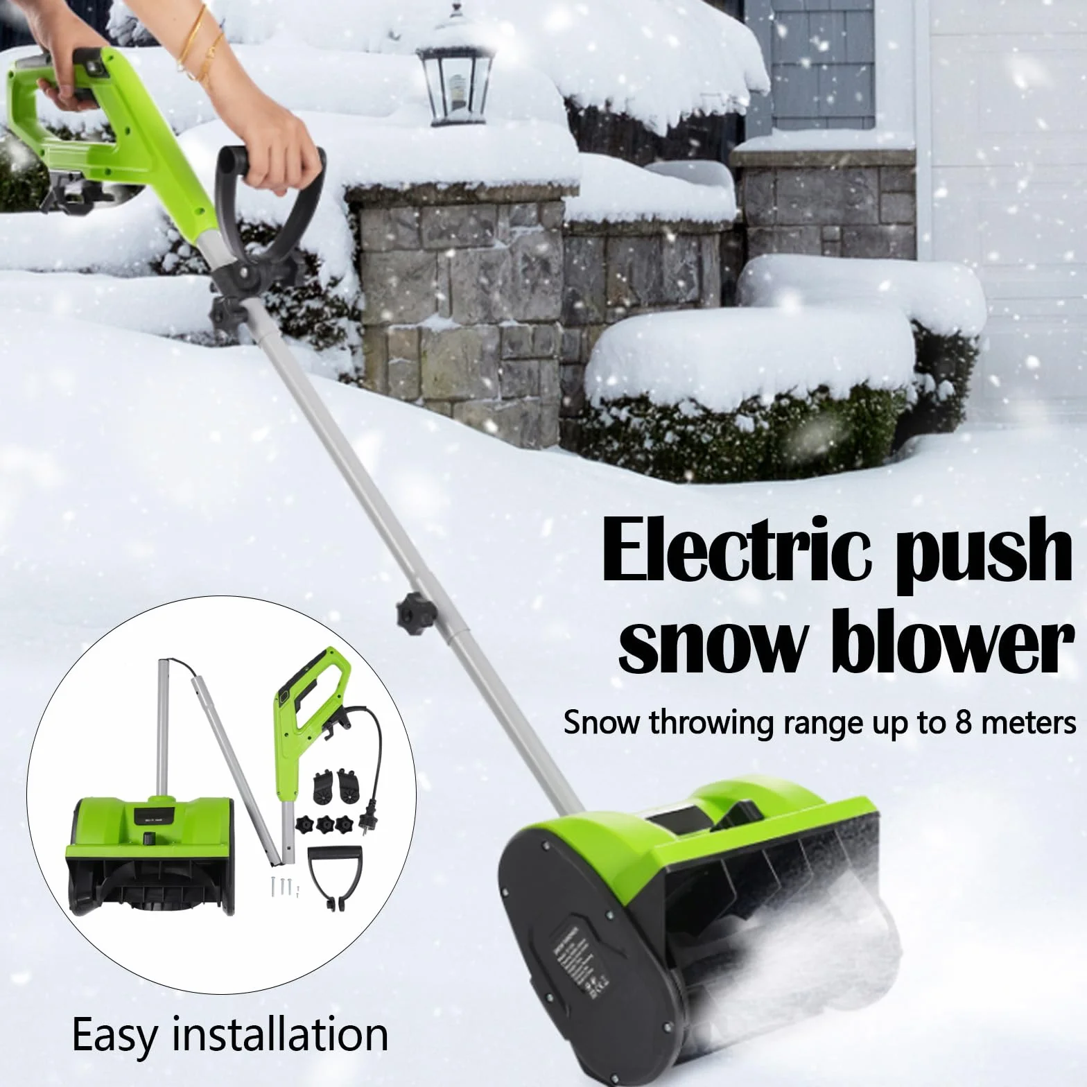Sopladores Nieve, 1200W Barredora Nieve Soplador Eléctrico Barredora 220V Exteriores Dirección Lanzamiento Nieve Ajustable Mango 180 ° 3500 Rpm Distancia Máxima Lanzamiento 8M 32cm Ancho Barrido Nieve