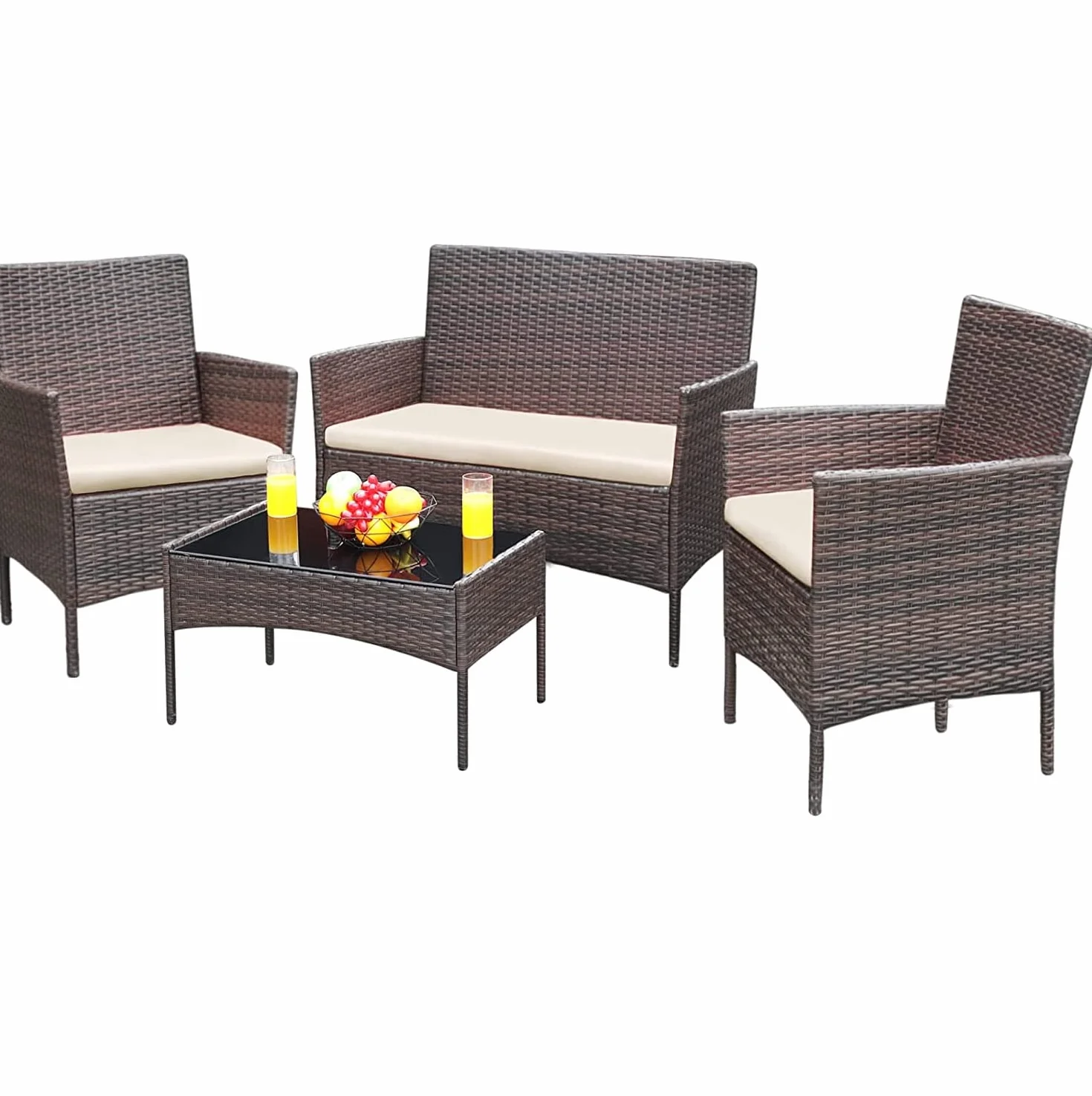 Conjunto Jardin Exterior Muebles Terraza Exterio de Ratán Marrón 4 Piezas Set,2 Sillones,1 Sofá de Doble Asiento y 1 Mesa para 4 Personas para Patio Terraza Exterior