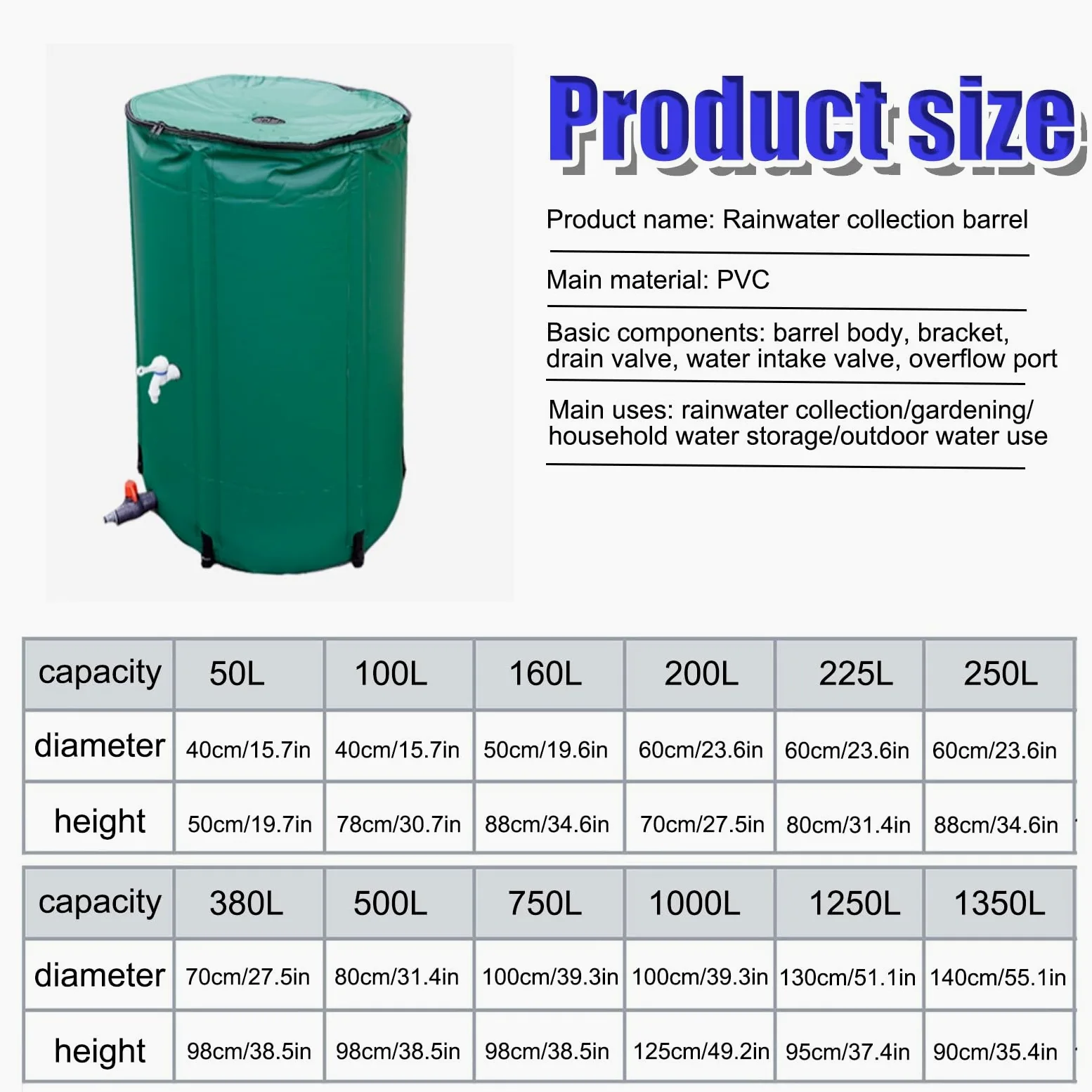 Depósito de recogida de agua de lluvia, Colector De Agua Lluvia for Canalones Multicolor 50L-1350L(Noir,500L)