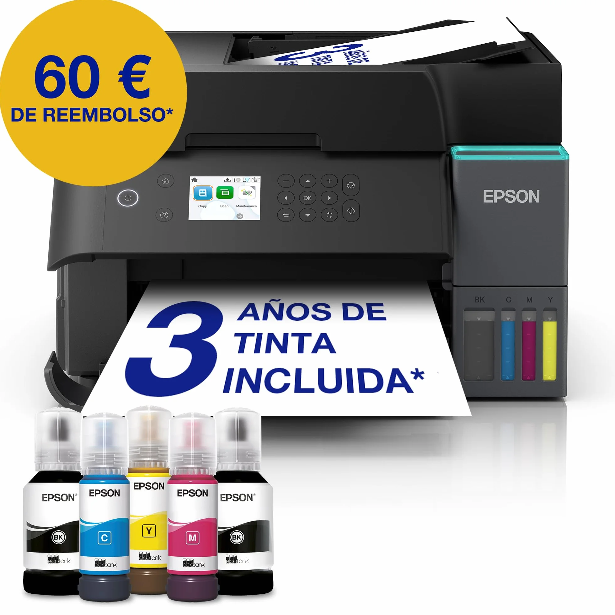 Epson EcoTank ET-3950 Impresora de Depósito de Tinta Wi-Fi A4 Doble Cara Imprimir Copiar Escanear Pantalla LCD 6,1cm ADF 30 Hojas Tinta Incluida