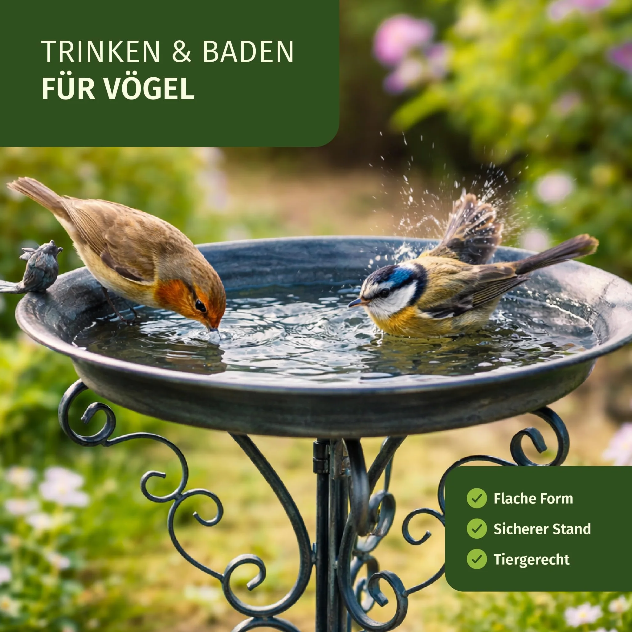 Moritz Bebedero para pájaros, color marrón con pájaro pequeño en el cuenco de agua, altura 73 cm, de pie, bebebedero de agua, decorado, jardín a prueba de heladas