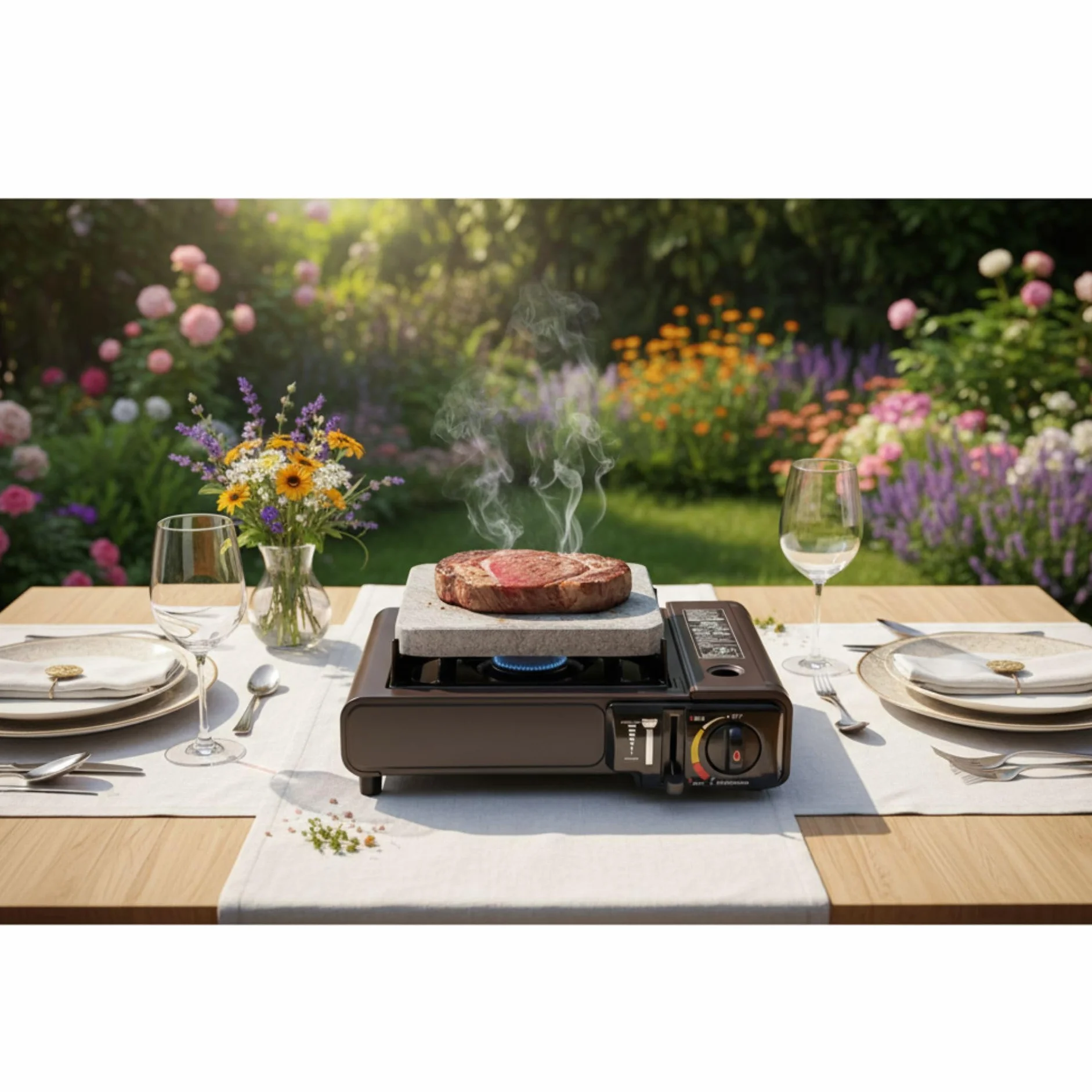 Cocina Portátil a Gas con Piedra Volcánica 20x20 cm – Pack Completo con 2 Cartuchos Incluidos – Carne a la Piedra Profesional para Restaurante y Hogar – Cocina de Sobremesa