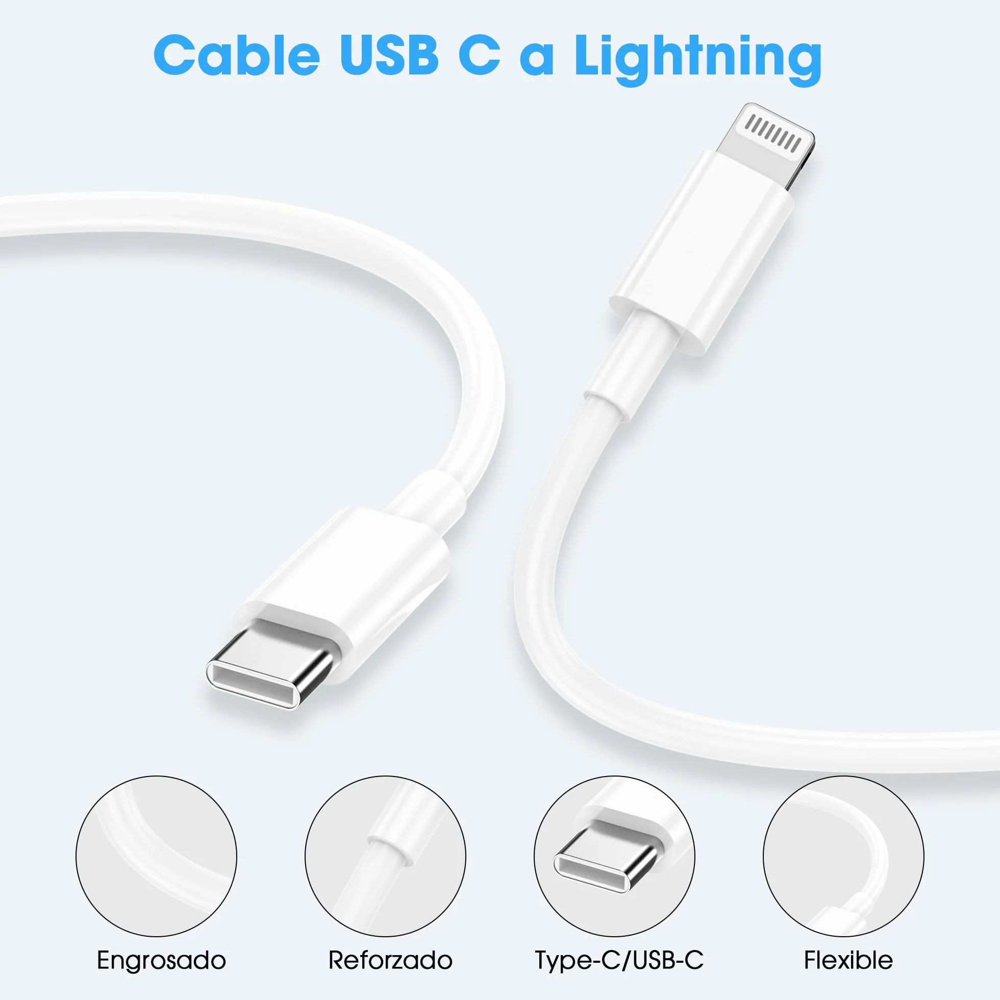 BSTOEM Cable Cargador para iPhone Carga Rápida MFi Certificado 2 Unidades 1M+2M USB-A a Lightning Blanco