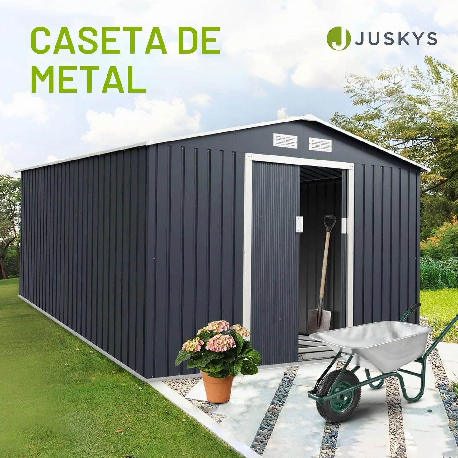 Juskys caseta metálica para Herramientas XXL 15m³ con Techo a Dos Aguas, Puerta corredera y cimentación - 277 x 319 x 192 cm - Antracita - cobertizo metálico para jardín