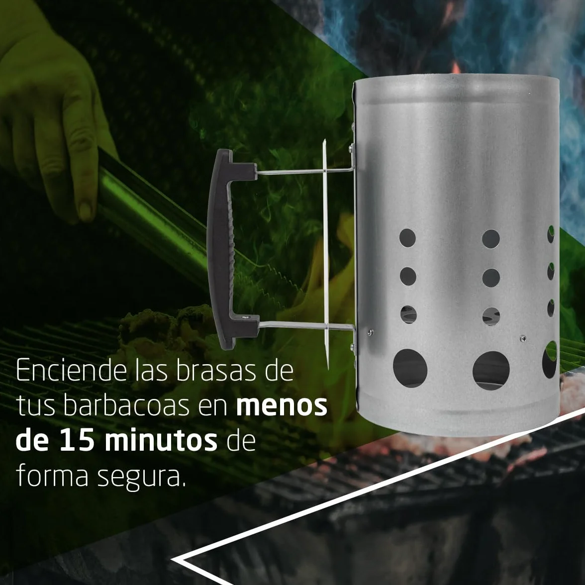 Amig - Encendedor de Carbón Fireplus para Barbacoa - Fabricado con Acero Galvanizado - Mango de Plástico Aislante del Calor - Medidas: 27 x 17,5 x 30 cm