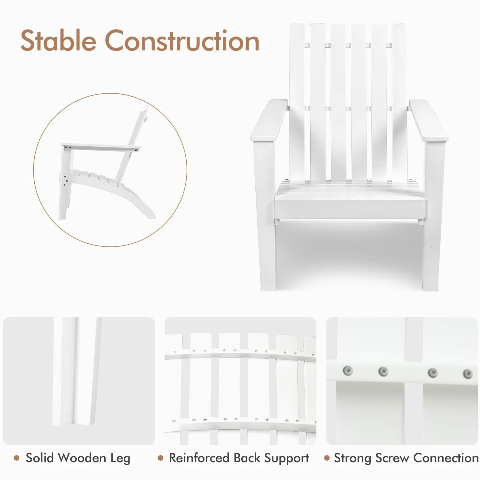 KOMFOTTEU Silla Adirondack de Madera de Acacia, Silla de Jardín con Respaldo y Reposabrazos, Sillón Ergonómica con Carga de hasta 160 kg, Silla de Relajación para Balcón, Terraza (Blanco)