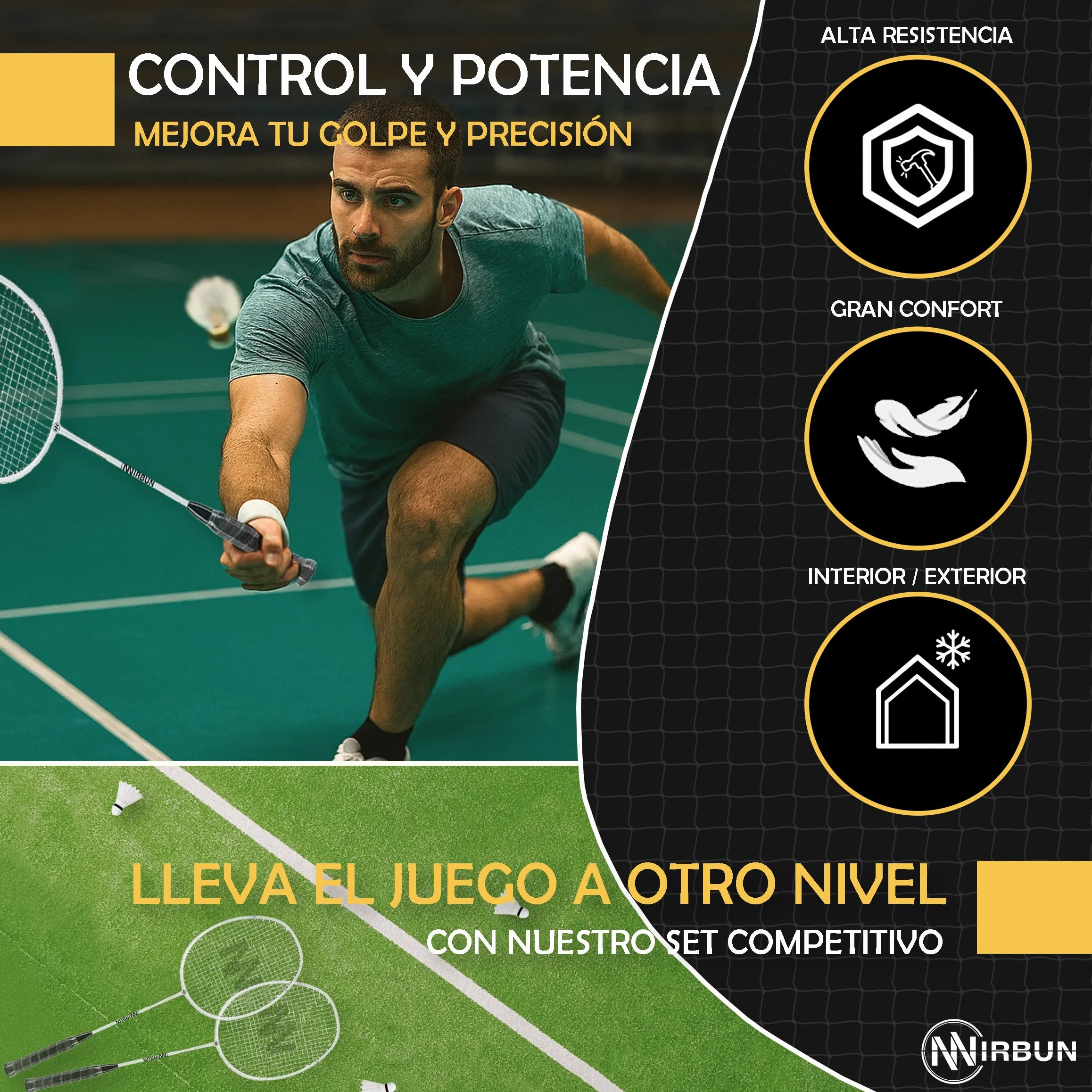 Set de Bádminton 4 Jugadores con Red 5,1 m Raquetas Profesionales Estructura Metálica Juego Familiar