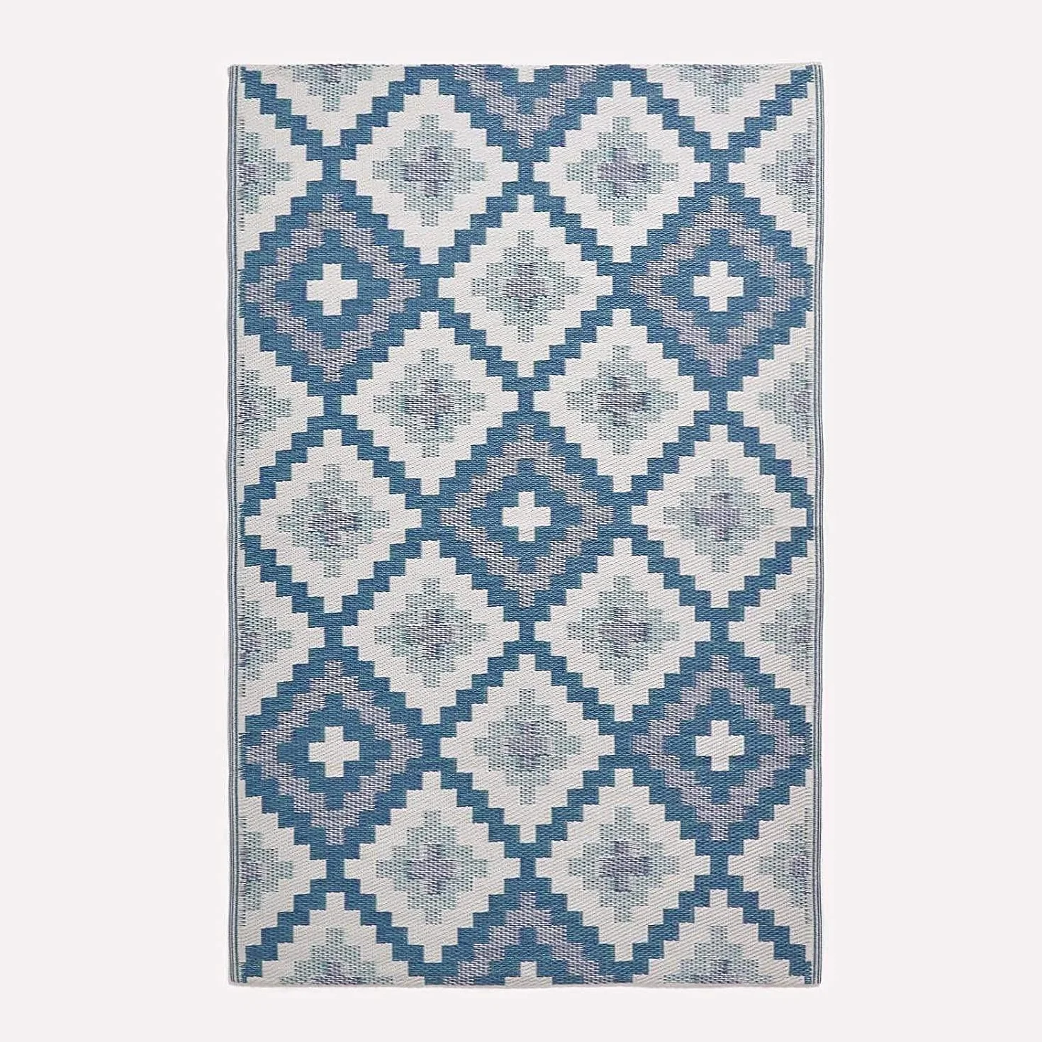 HOMESCAPES Alfombra de exterior azul para jardín o patio, 100% plástico reciclado, 180 x 270 cm, ligera, impermeable, geométrica, diseño azteca "Mia" alfombra tejida para el suelo interior y exterior