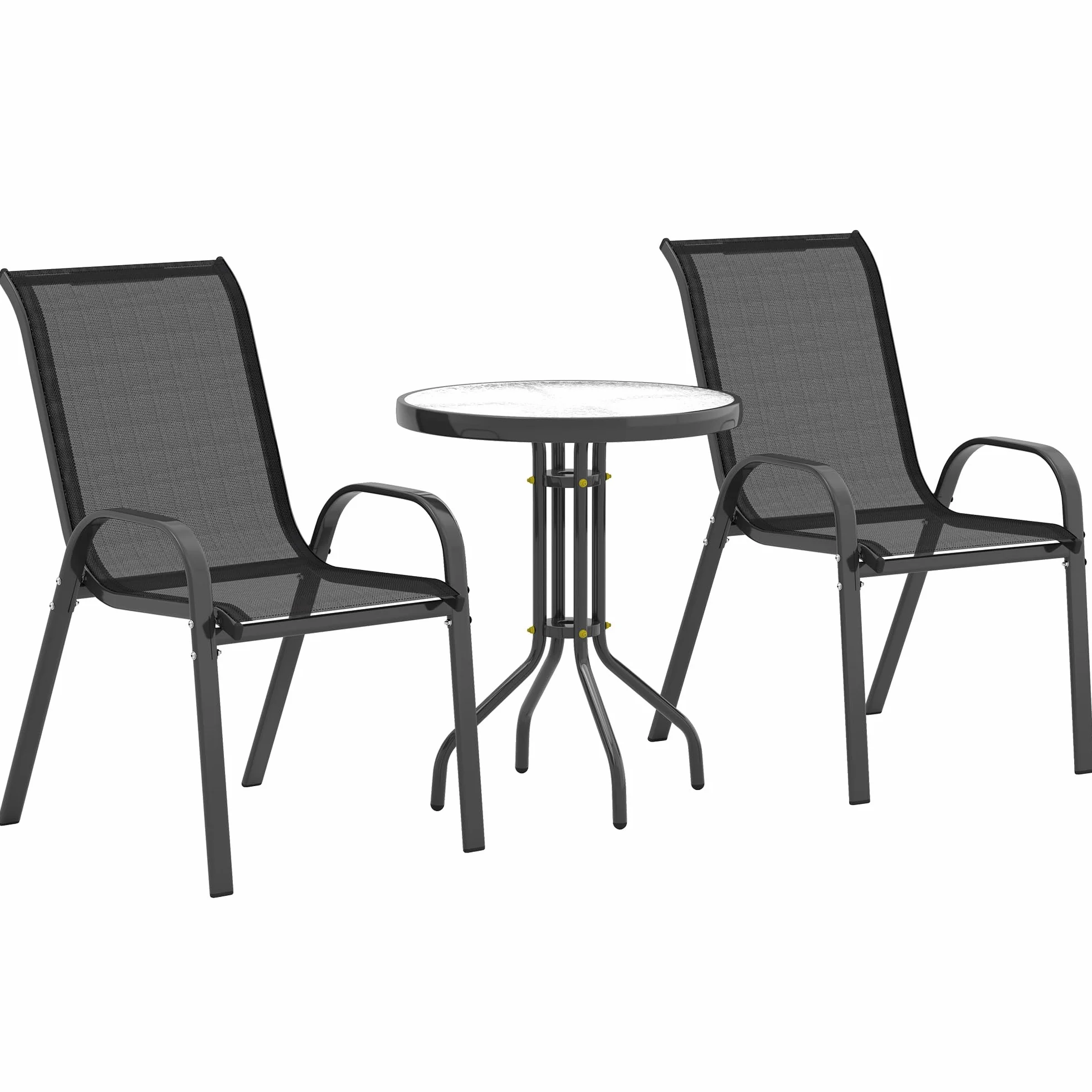 Outsunny Conjunto de Mesa y Sillas de Terraza 3 Piezas, Muebles de Jardín Exterior, Sillas Apilables, Encimera de Vidrio, Acero, Negro