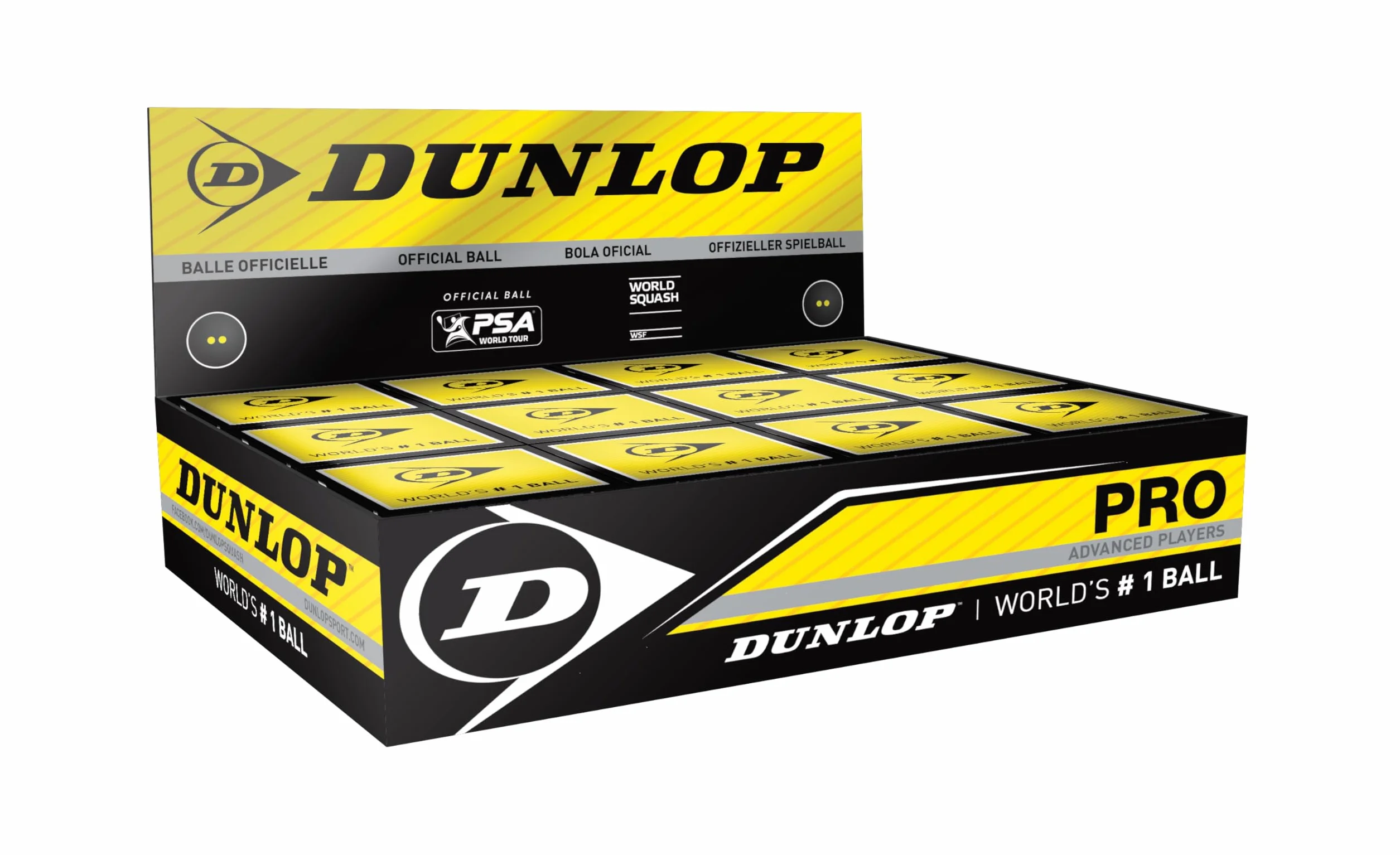 Dunlop Pelotas de Squash Pro Double Yellow Dot, Blanco, Paquete de 12