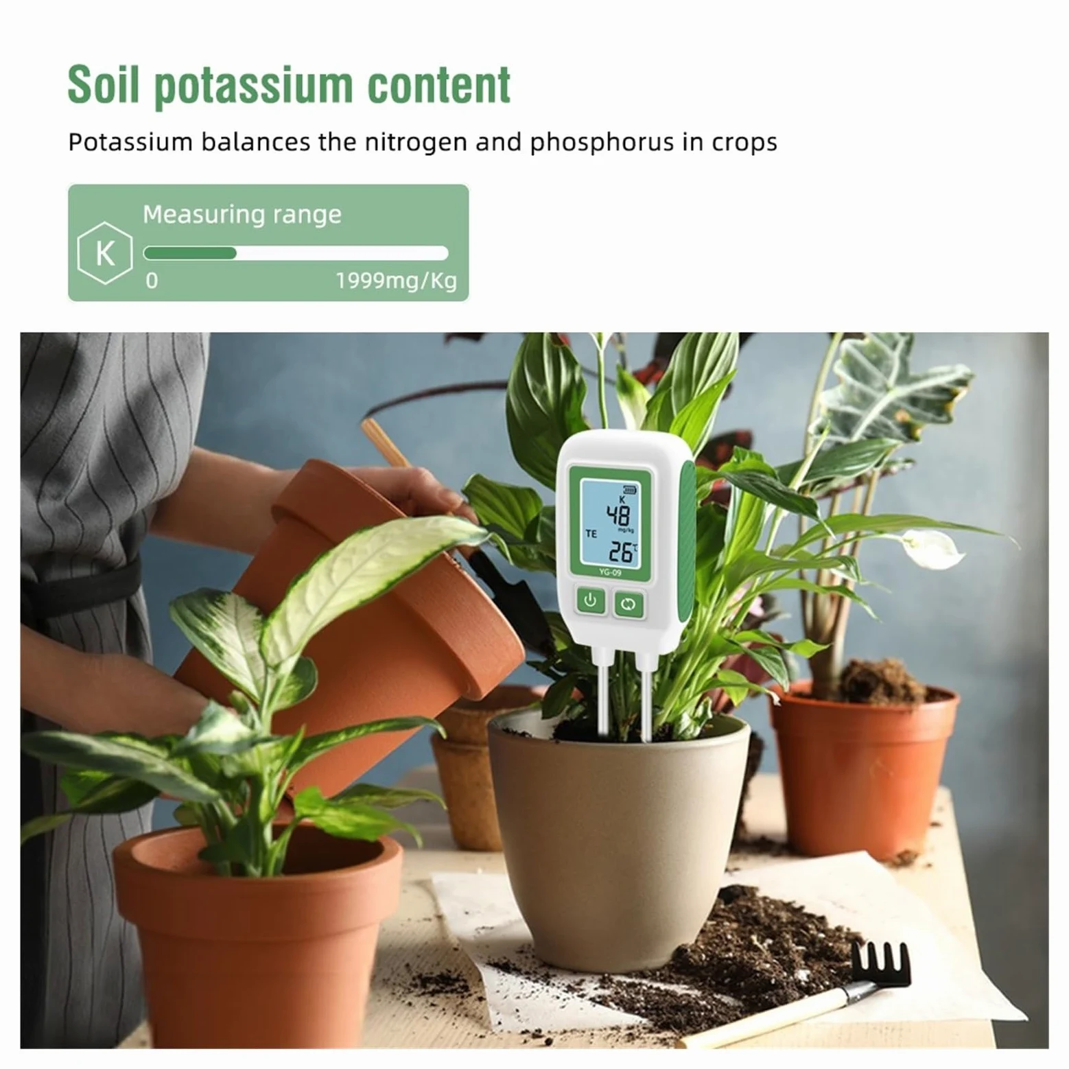 Medidor de humedad del suelo, Analizador de suelo con doble aguja, detector de nitrógeno, fósforo y potasio, comprobador de fertilidad for jardín. Para jardinería y agricultura