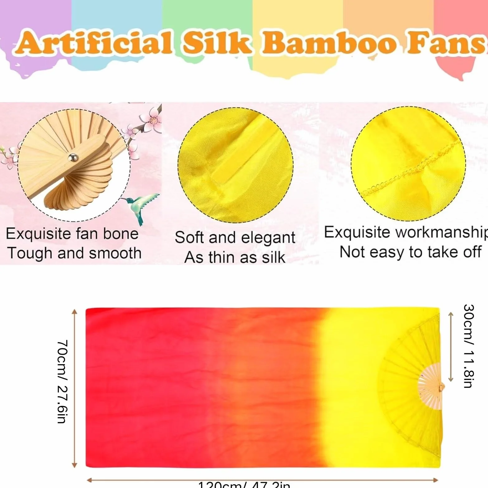 Ventilador de bambú de seda para danza del vientre 1,5 Metros Hecho a Mano (Rojo)