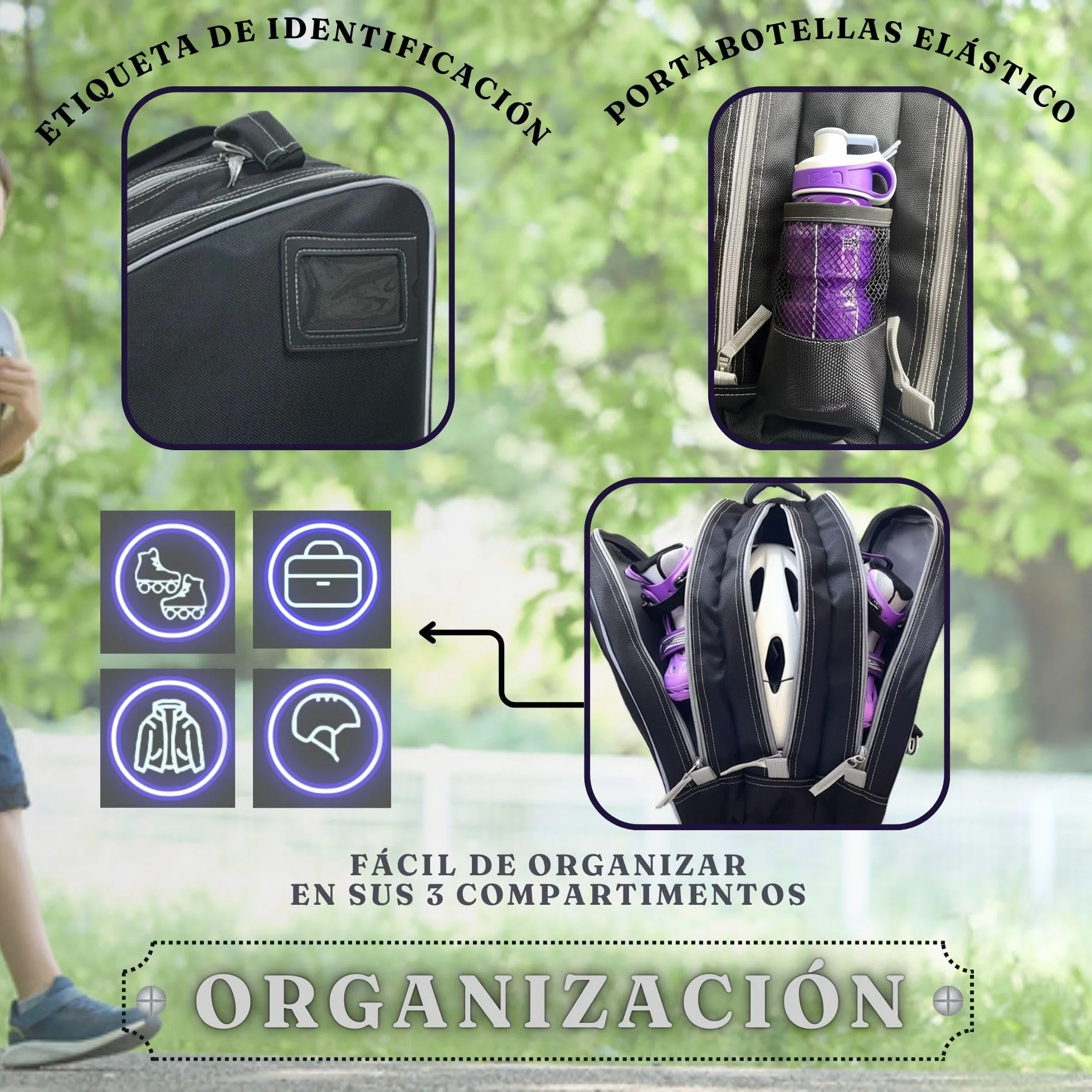 Bolsa para Patines 1680D Pro 3 Compartimentos Ventilación Bordes Reflectantes Compatible Patines en Línea Hielo 36cm
