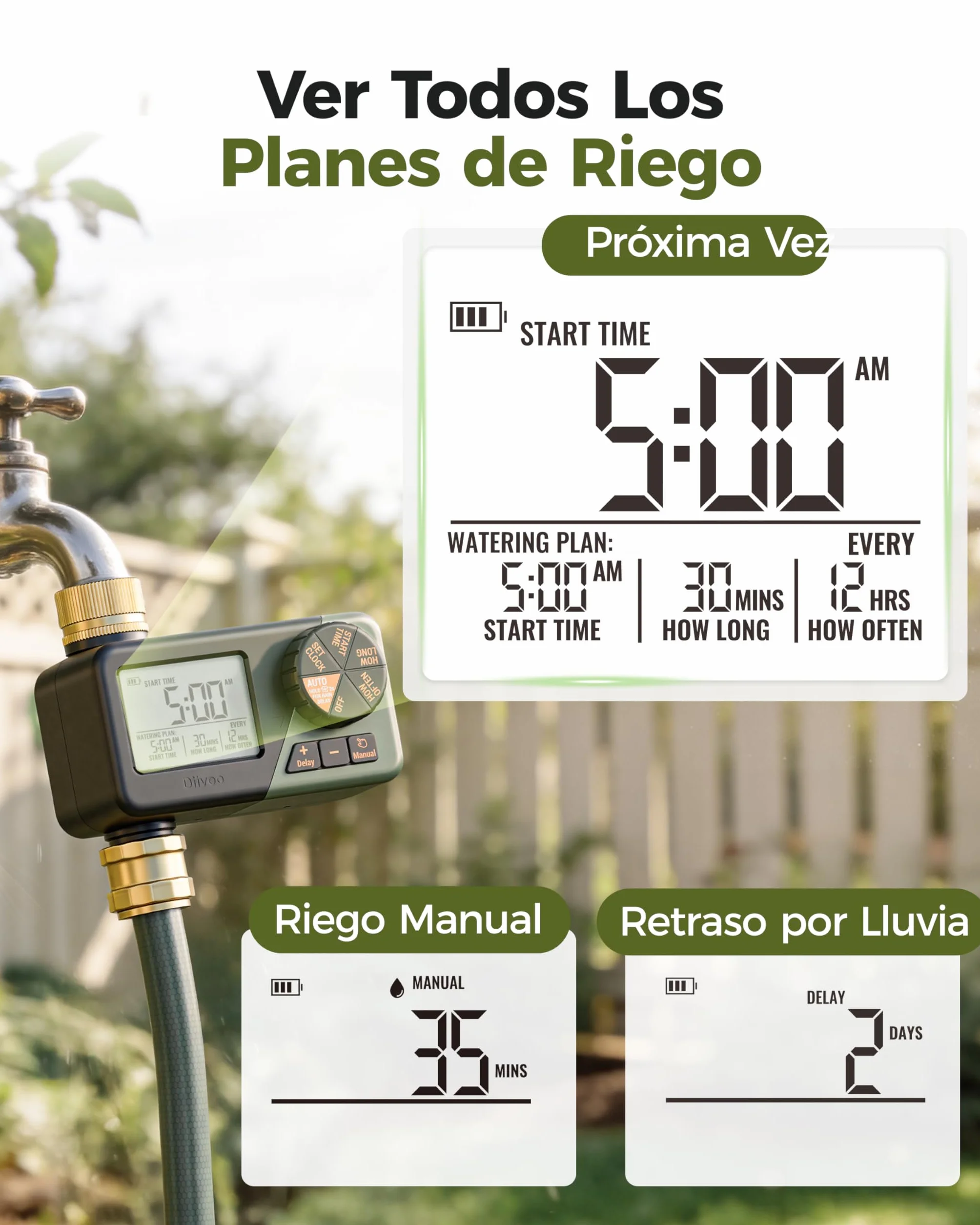 Diivoo Programador Riego con Entrada y Salida de Latón, Temporizador Riego Automatico con Impermeable IP66, Retraso por Lluvia, Riego Manual, Programador de Riego a Pilas para Jardín, Césped