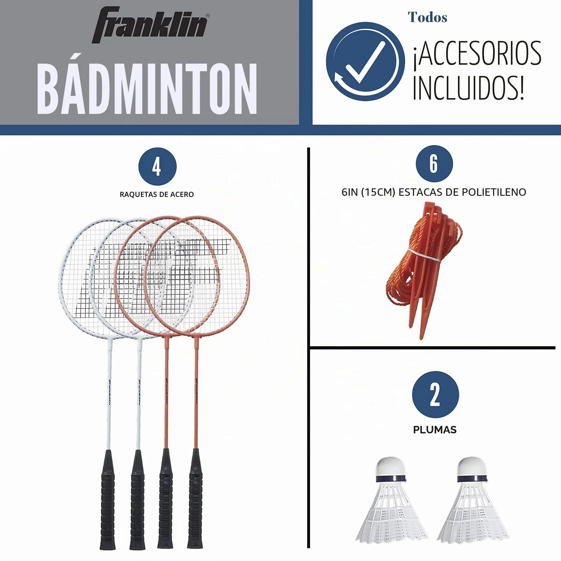 Franklin Sports Juego de Bádminton Exteriores Red Portátil 4 Raquetas 2 Volantes Adultos Niños