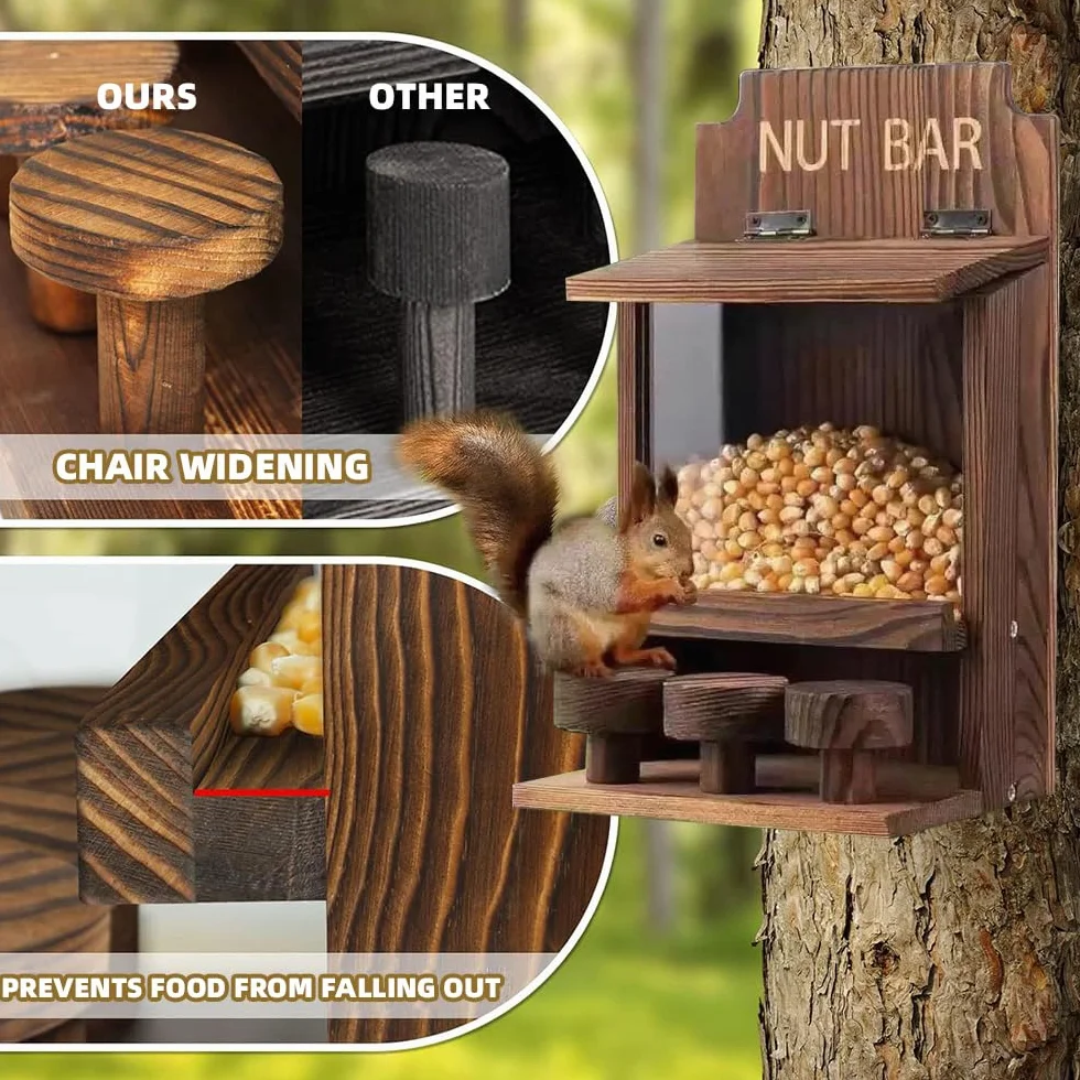 NAVESO Comedero de madera para ardillas, caja de anidación para maíz, cacahuetes, comedero de ardillas solo para ardillas, caja de casa de ardillas para jardín exterior, patio, decoración de porche