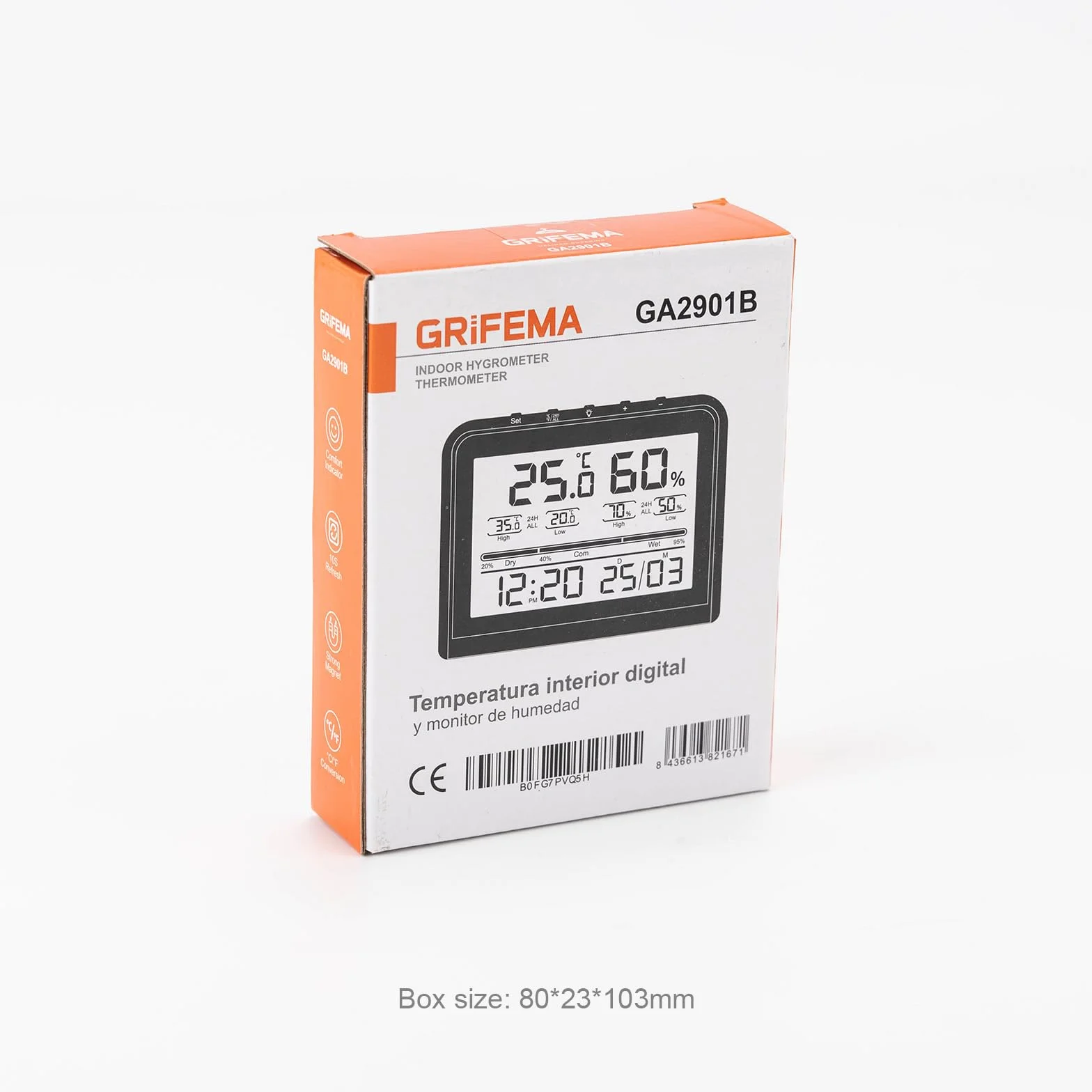 GRIFEMA GA2901B, Termómetro Digital Interior del Higrómetro, Digital Medidor de Humedad con Retroiluminación, Registro Máx/Mín, Reloj/Fecha, Ideal para Hogar/Invernadero, Negro